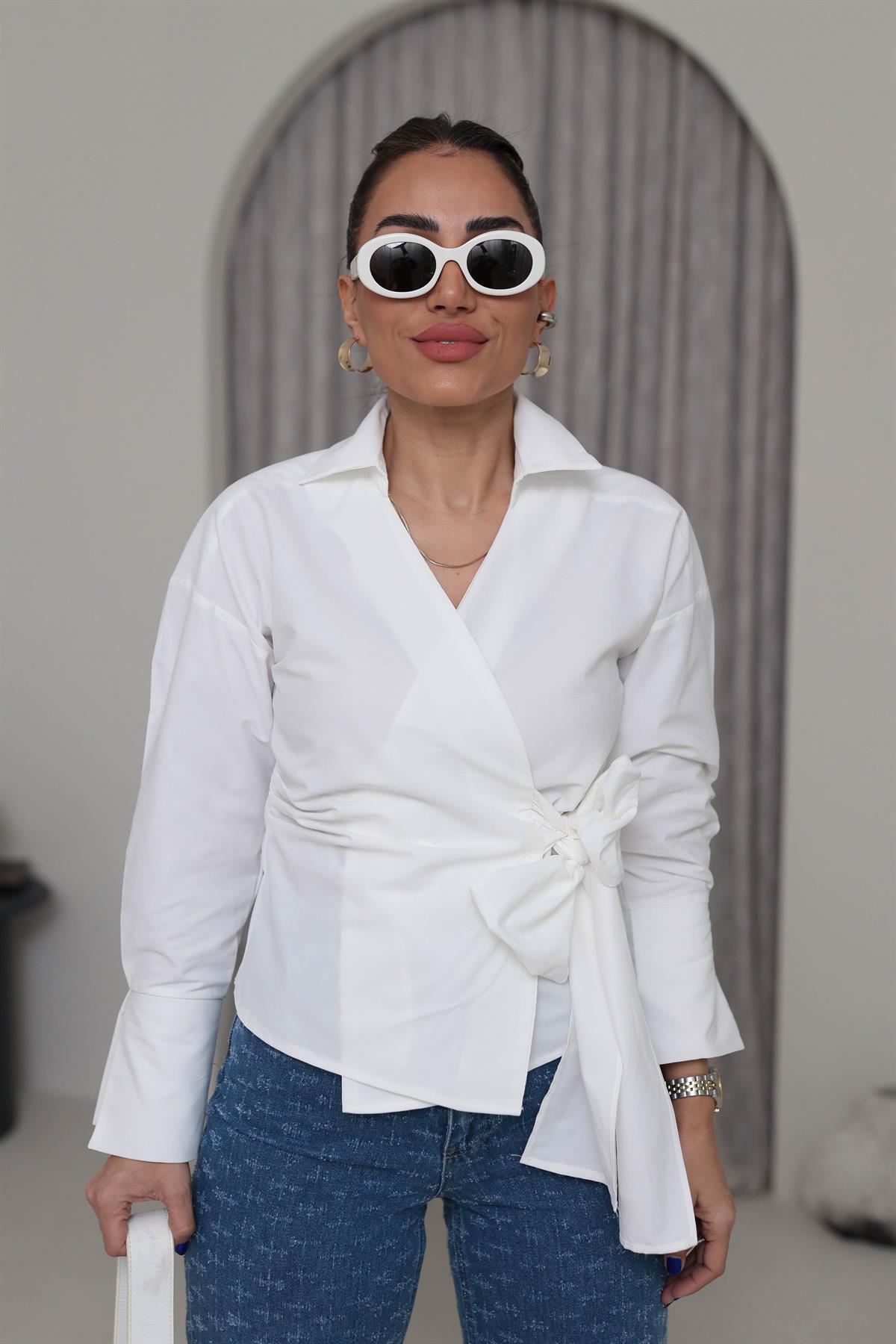 1023 Kruvaze Yaka Yandan Bağlamalı Poplin Gömlek EKRU