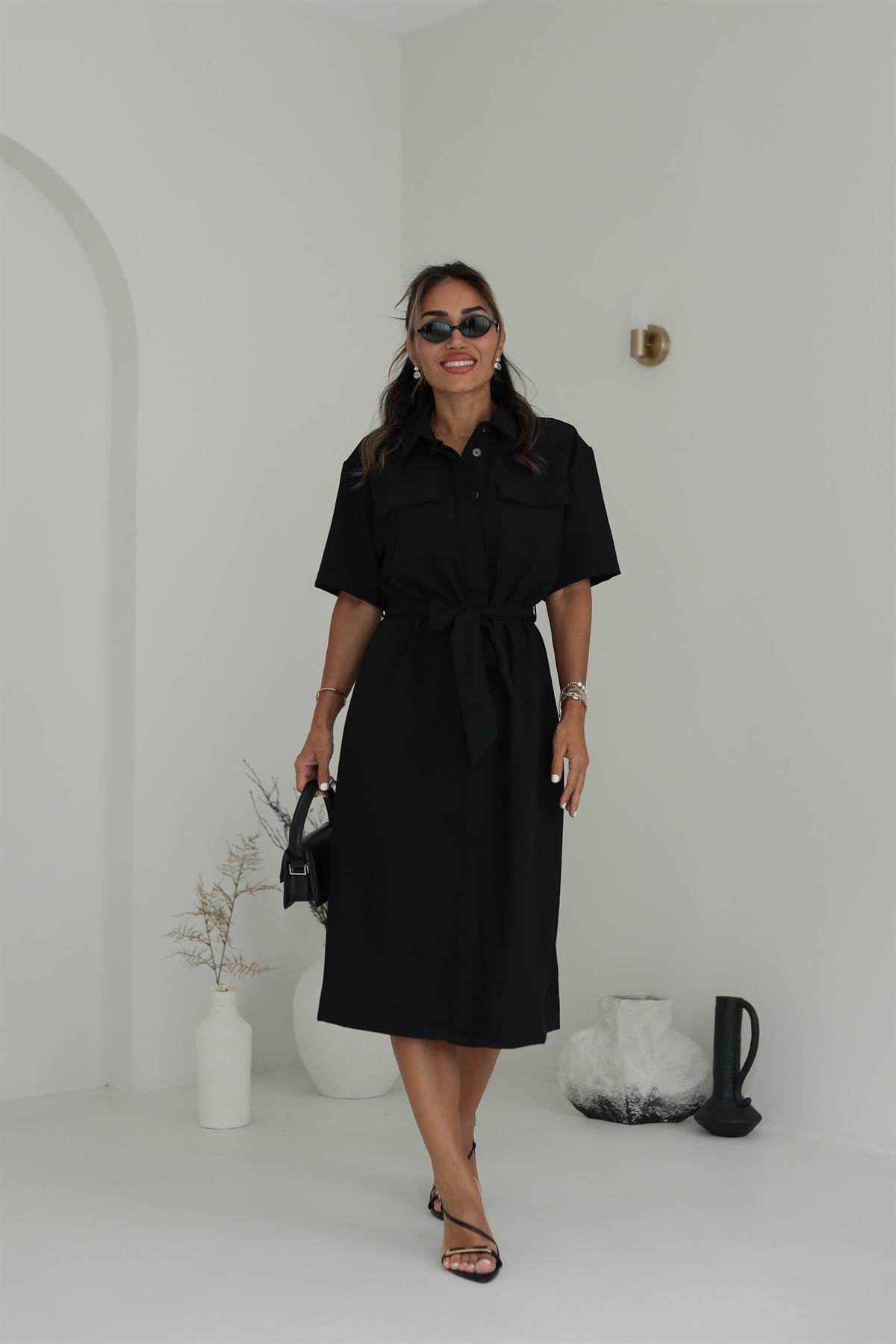 Önden Düğmeli Kuşaklı Gömlek Elbise