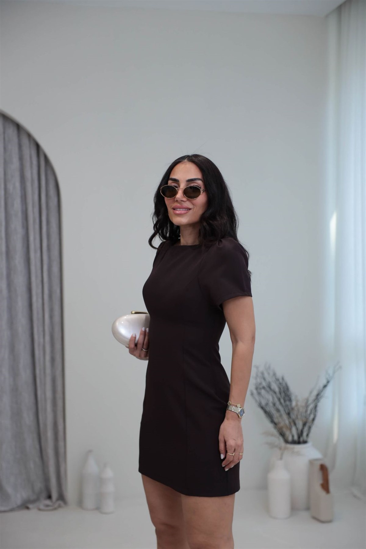 3904 Prenses Kol Belden Oturtmalı Elibise ACI KAHVE