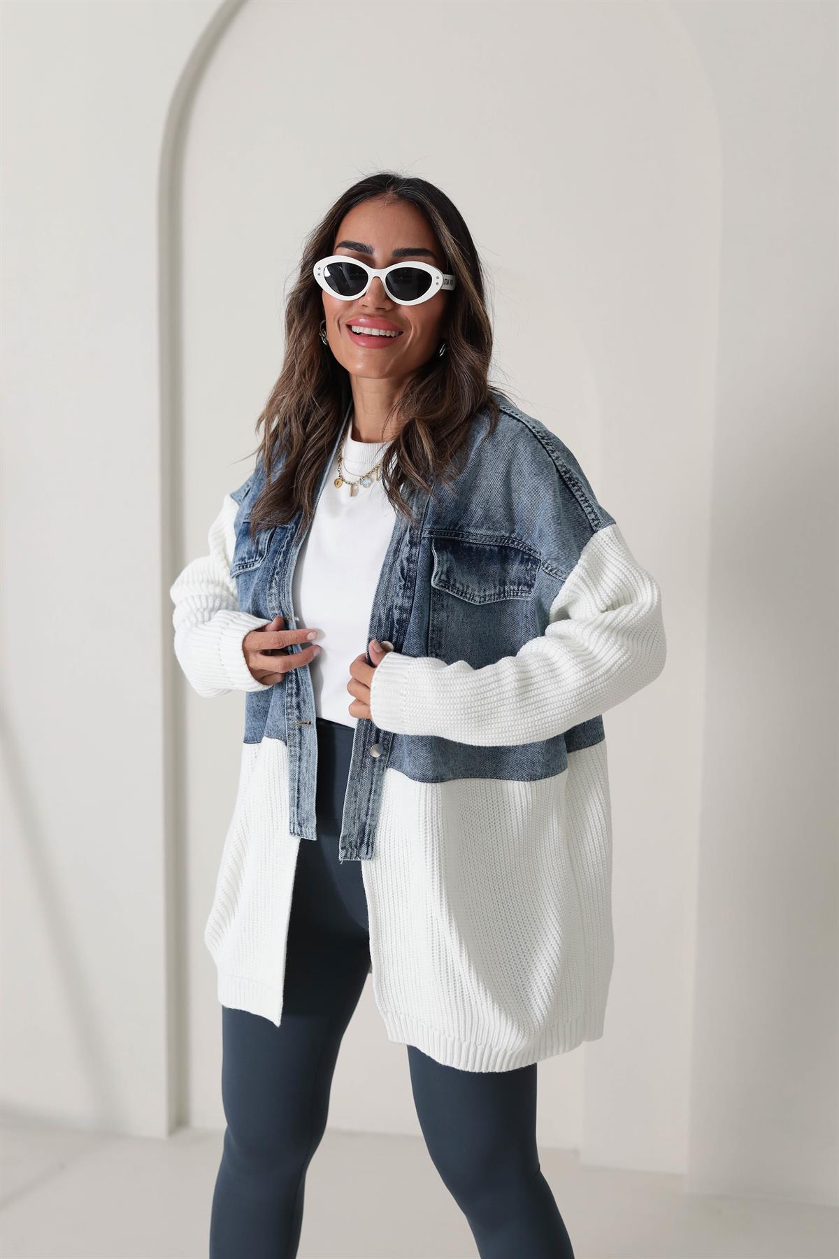 4139 Tasarım Triko ve Kot Garnili Ceket Hırka EKRU