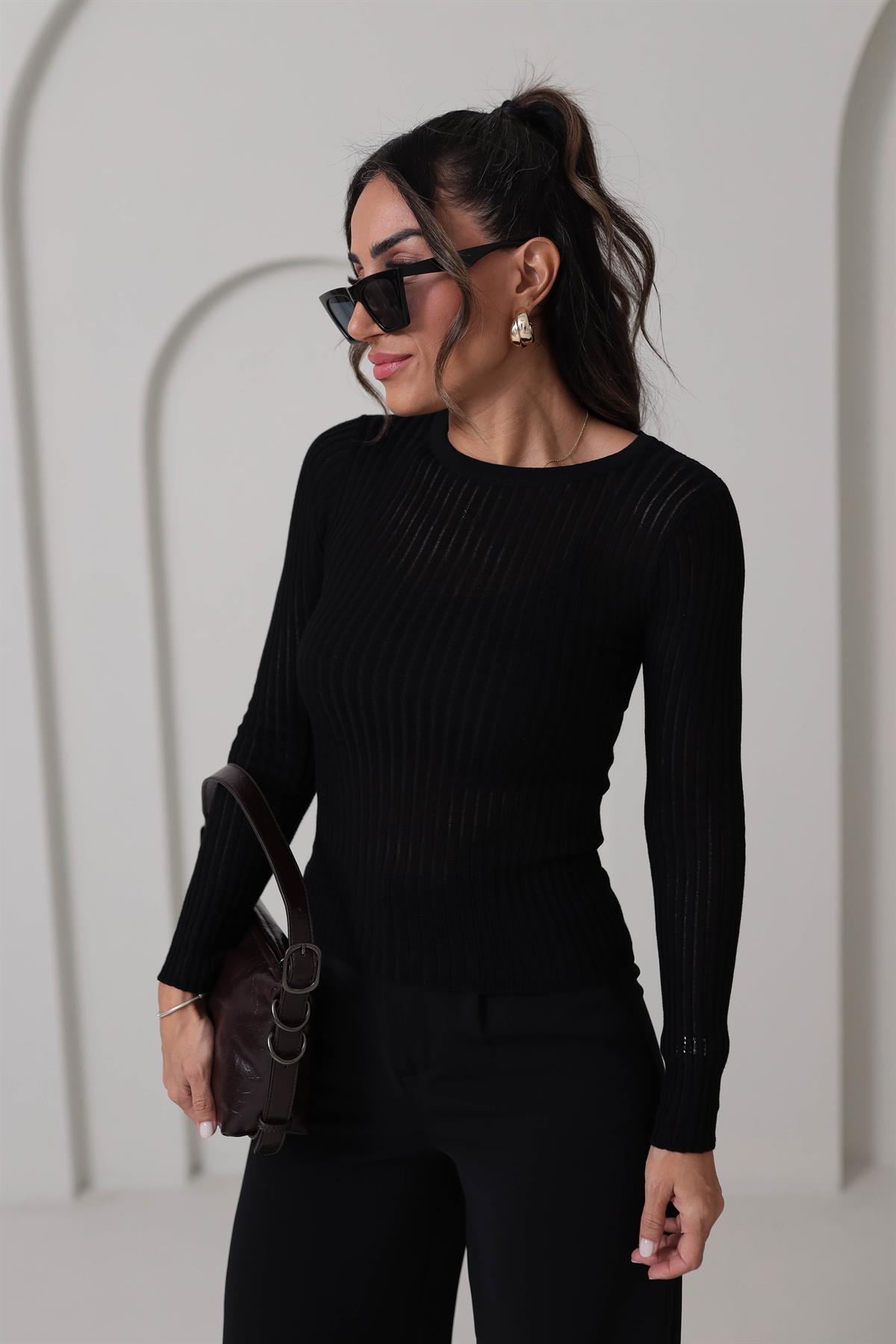 4107 Transparan Detaylı Triko Bluz SİYAH