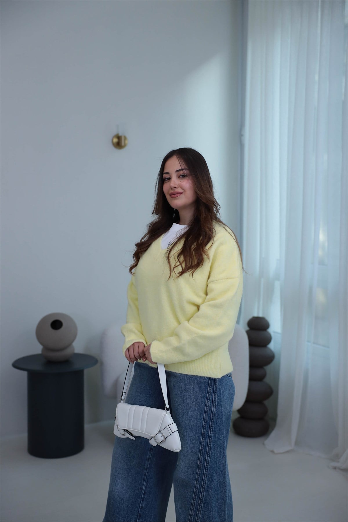 2733 V Yaka Yün Karışımlı Kazak SARI
