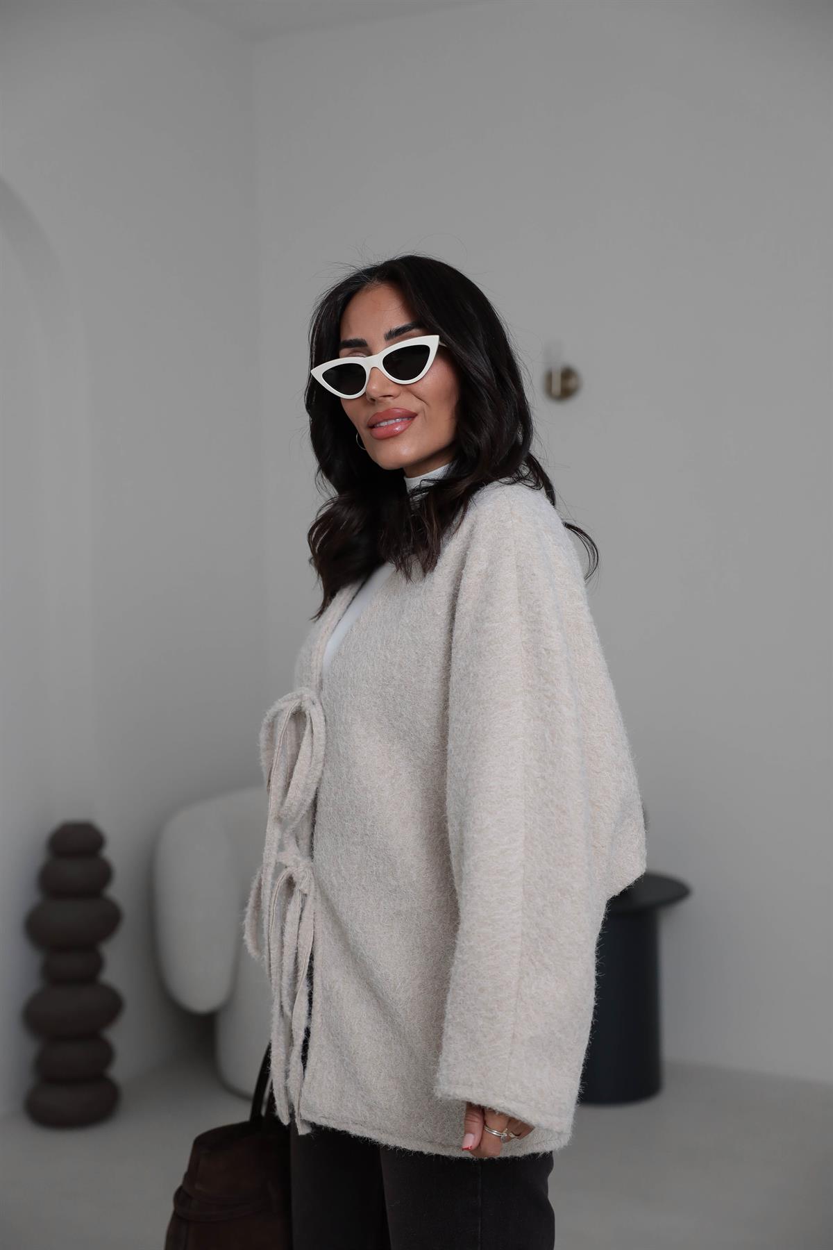 8989 Önü Bağlamalı Oversize Keçe Ceket TAŞ