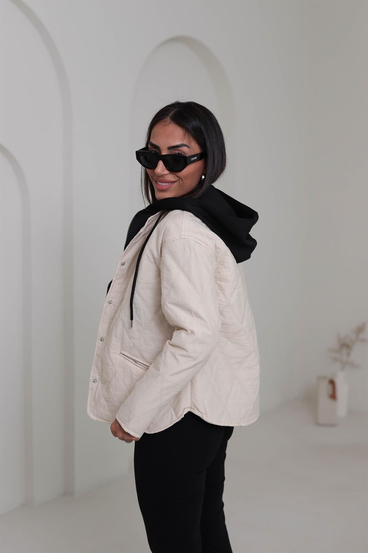 5841 Kapüşonlu Garni Detaylı Kapitone Mont TAŞ