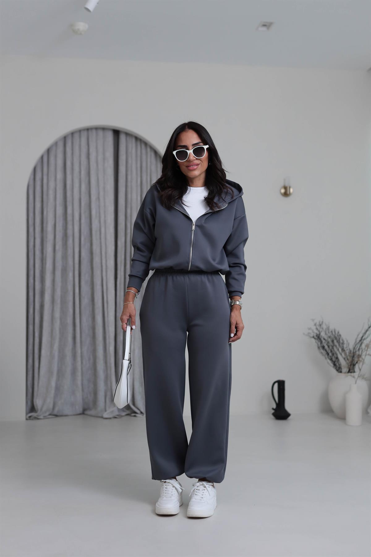 4202 Kapşonlu Büzgü Detay Scuba Takım ANTRASİT