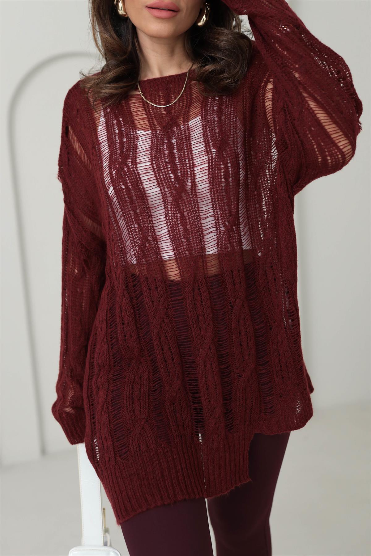 4134 Saç Örgülü Ajurlu Triko BORDO