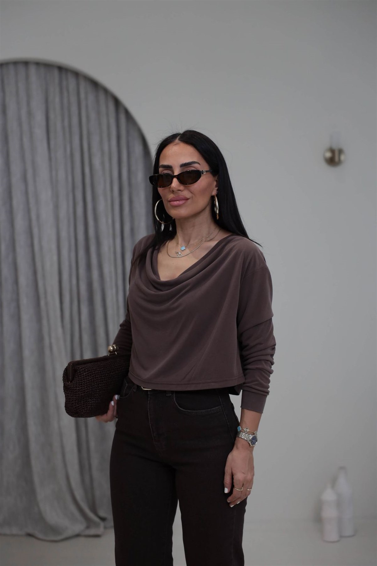 2424 Degaje Yaka Modal Bluz KAHVE