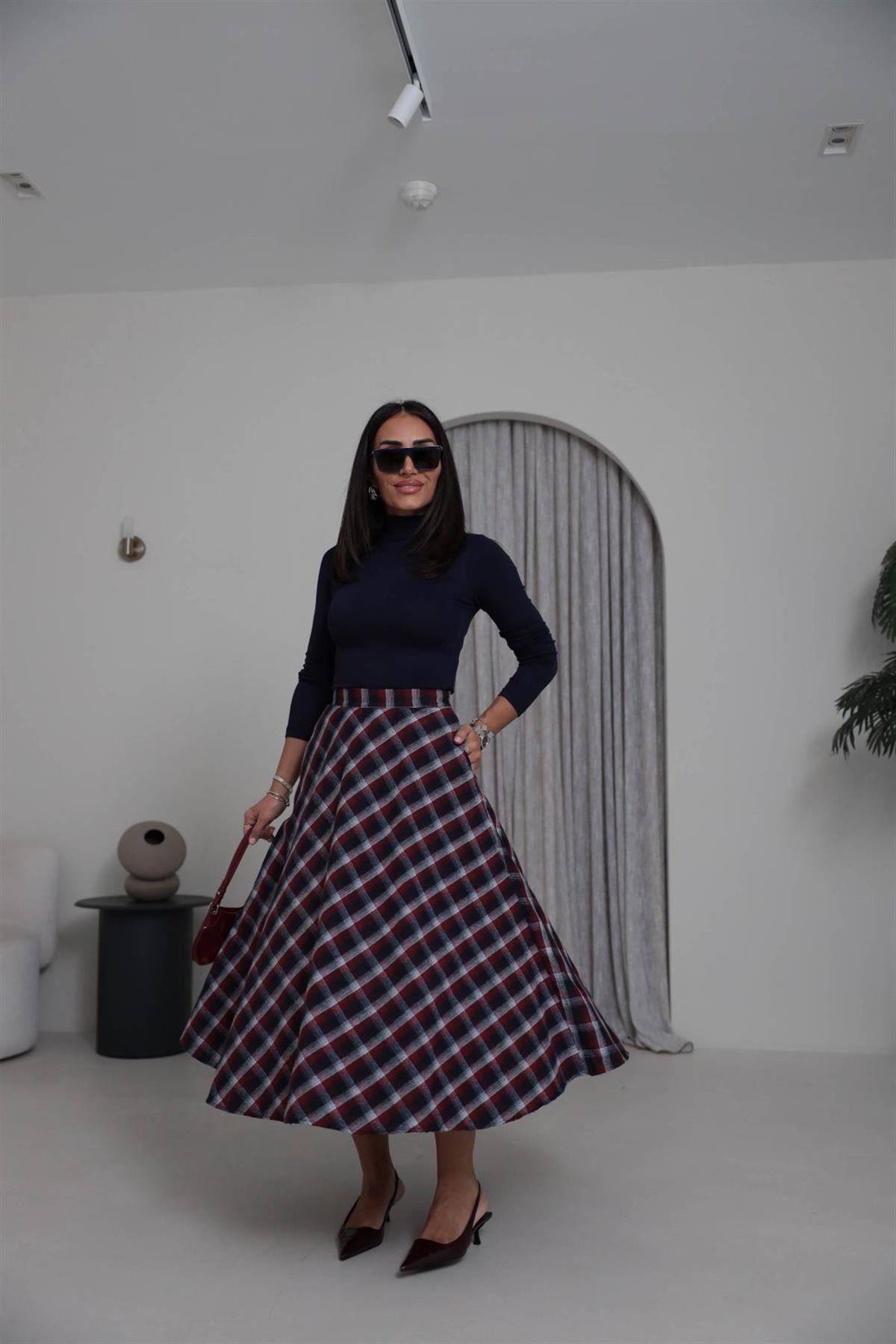 4086 Midi Boy Ekose Etek BORDO-LACİ