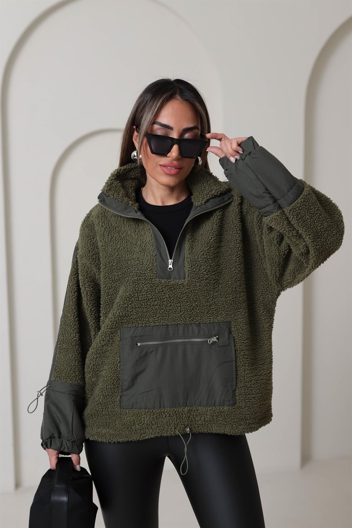 Yarım Fermuarlı Paraşüt Kumaş Detaylı Sweatshirt HAKİ YEŞİL