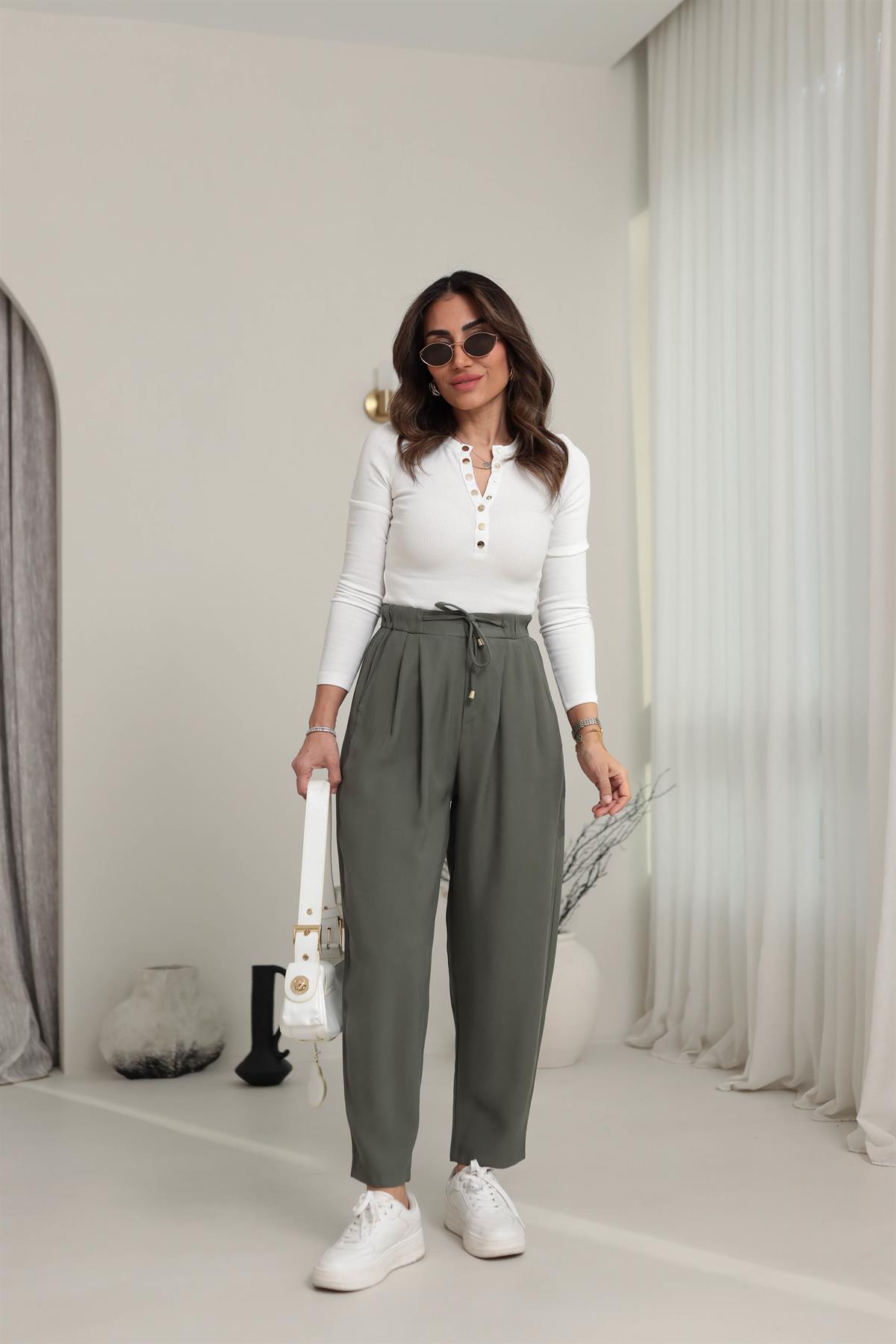 0266 Önden Bağcıklı Tencel Kumaş Havuç Pantalon KOYU YEŞİL