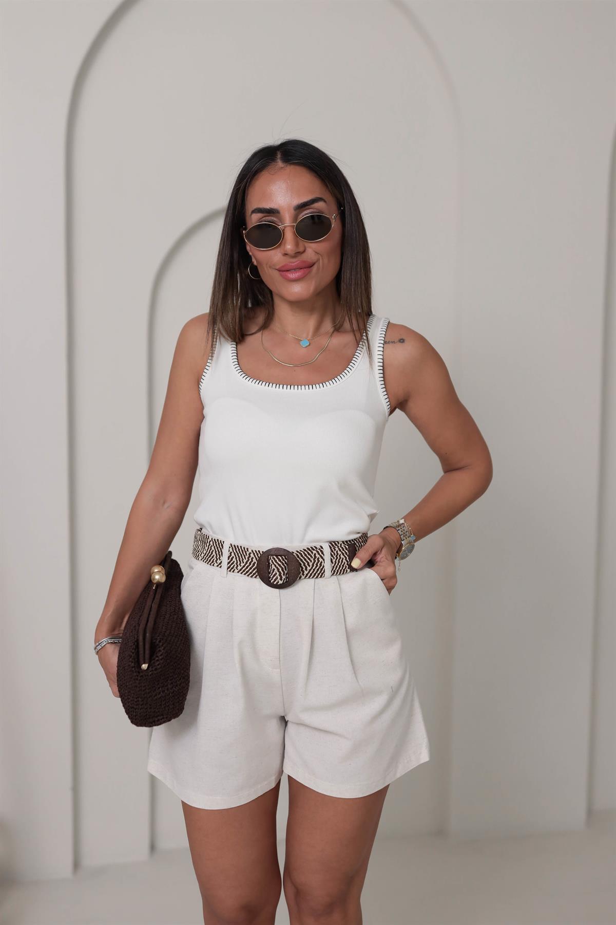 Süs Dikiş Detay İpek Triko Atlet EKRU