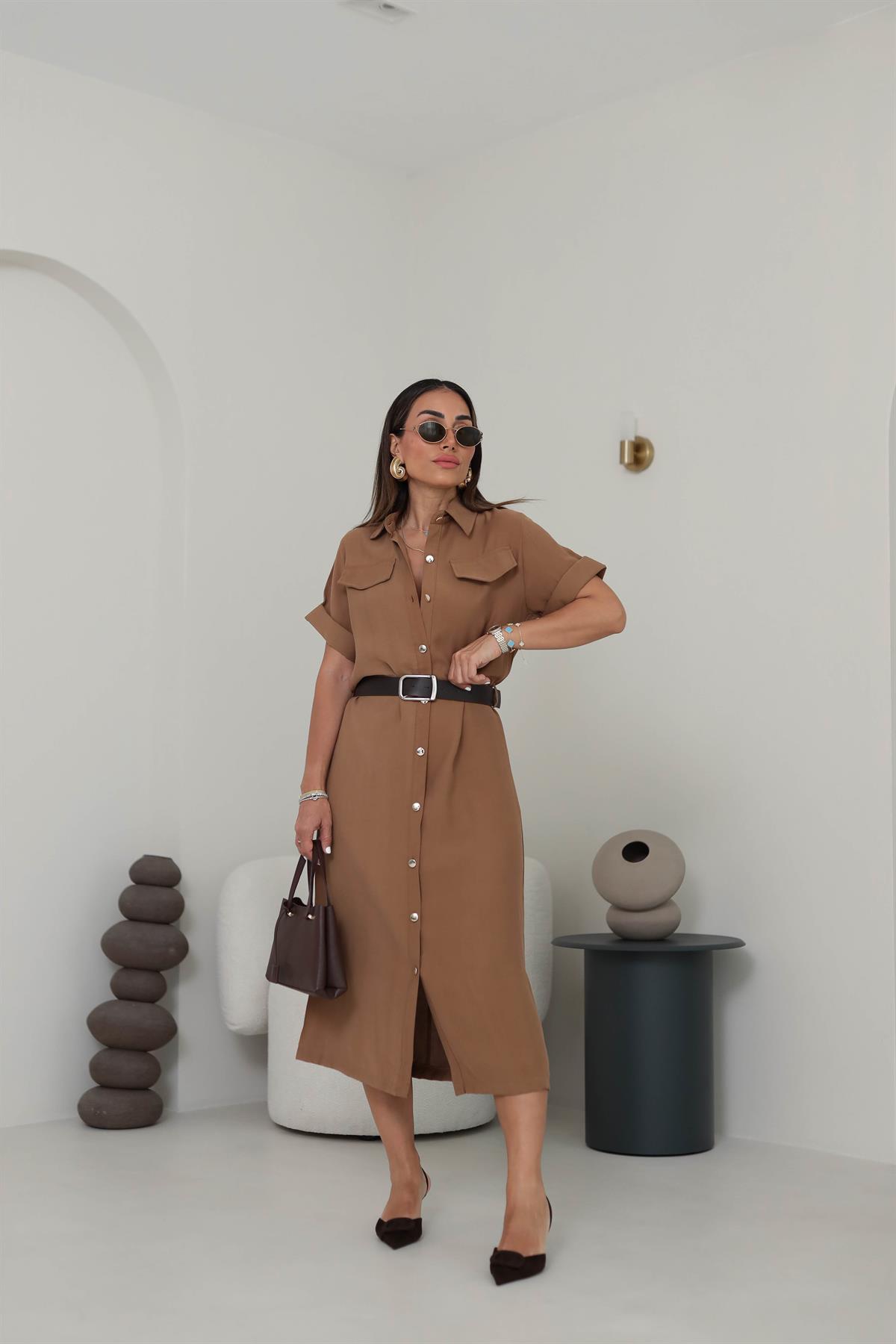 0334 Gold Düğmeli Kemerli Tencel Gömlek Elbise TABA