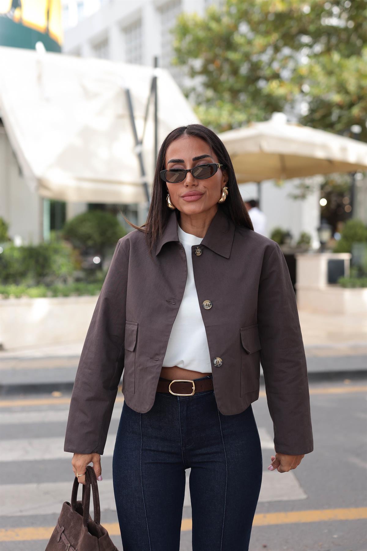 0163 Cep Kapaklı Kısa Trençkot Ceket KAHVE