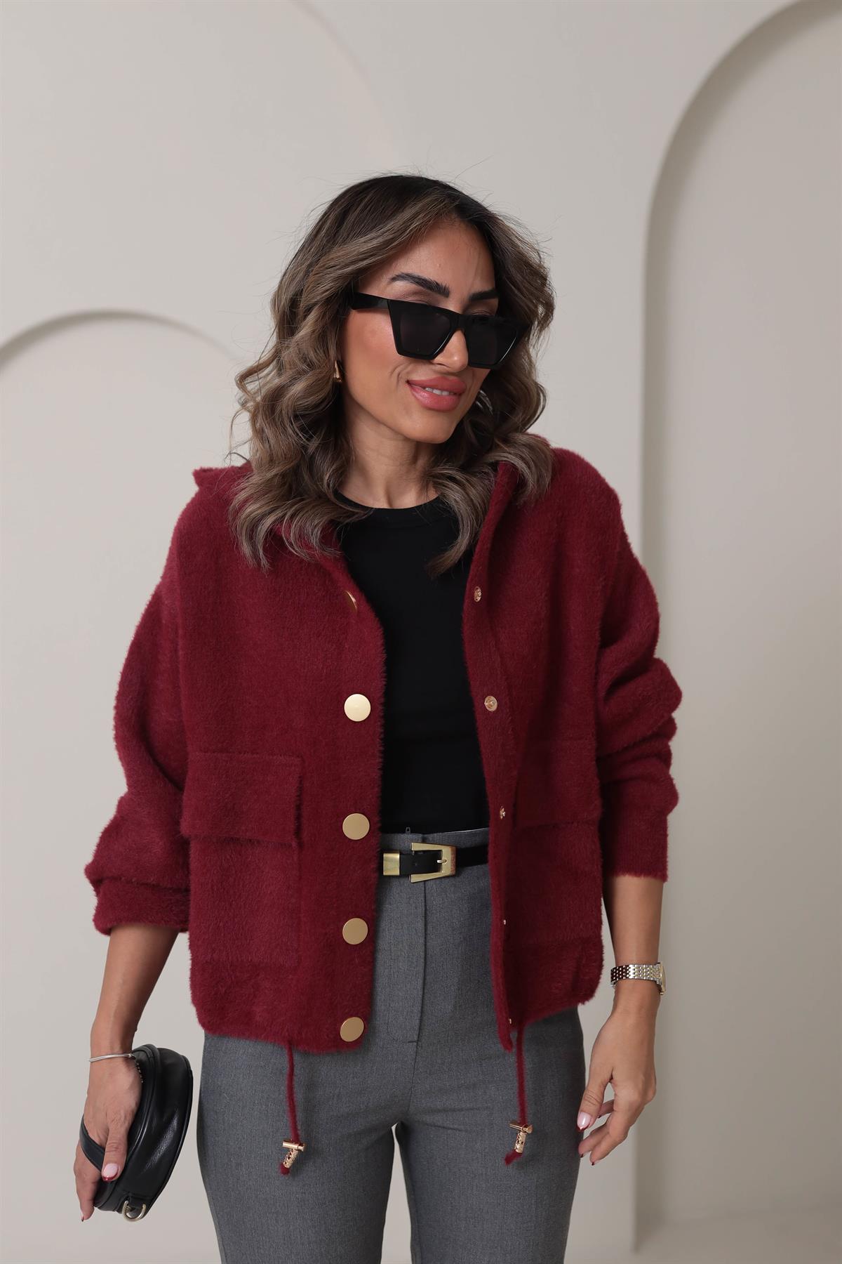 4944 Angora Kapşonlu Gold Düğmeli Hırka BORDO