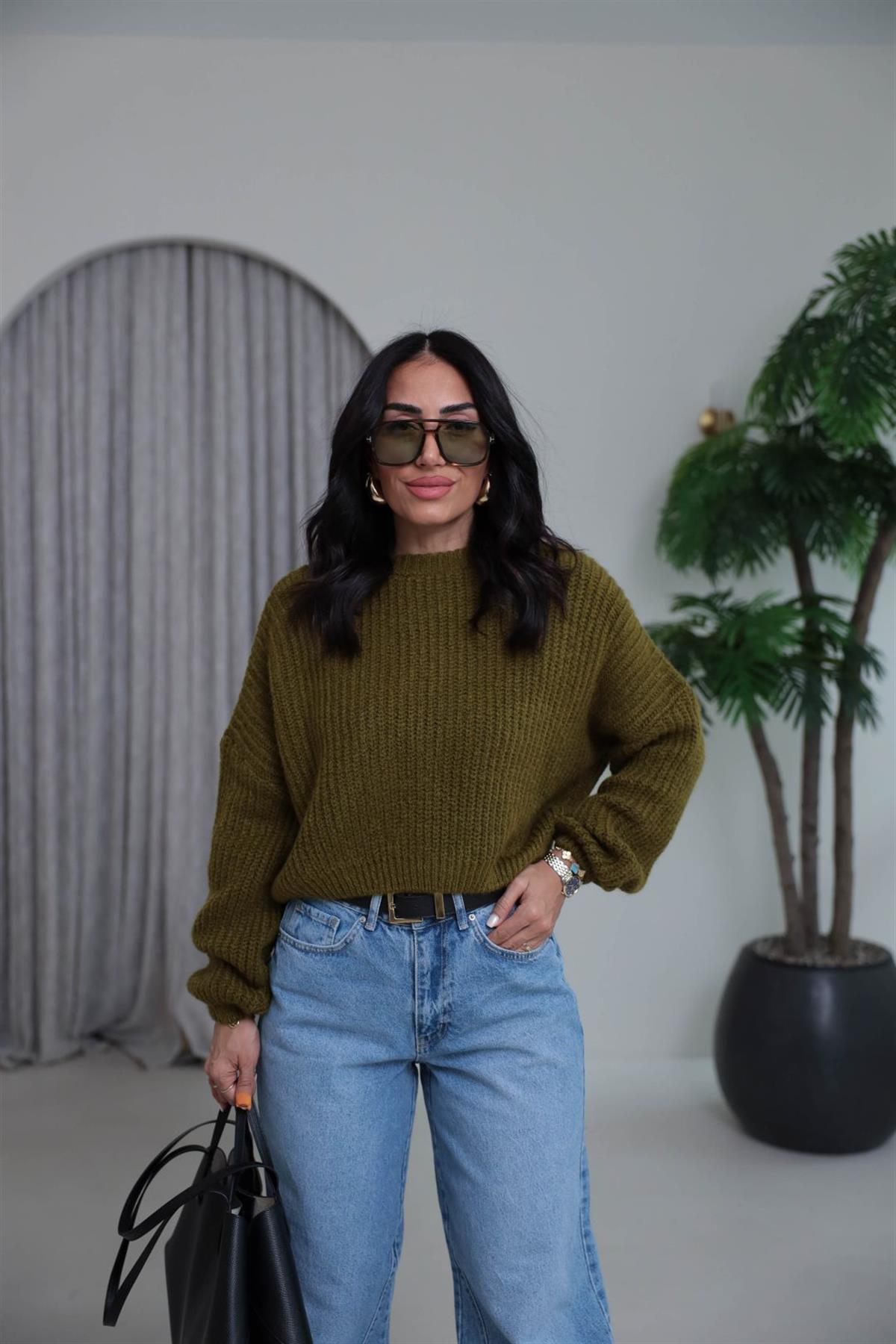 3579 Bisiklet Yaka Örme Oversize Kısa Kazak YAĞ YEŞİLİ