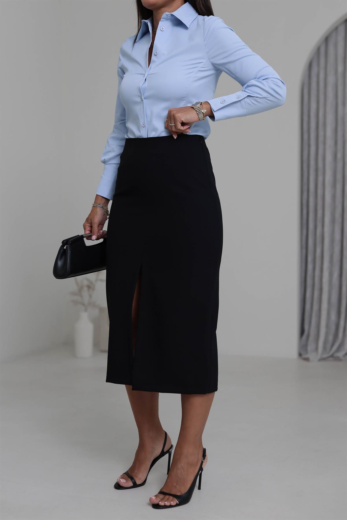 4866K Önden Yırtmaçlı Kalem Etek SİYAH