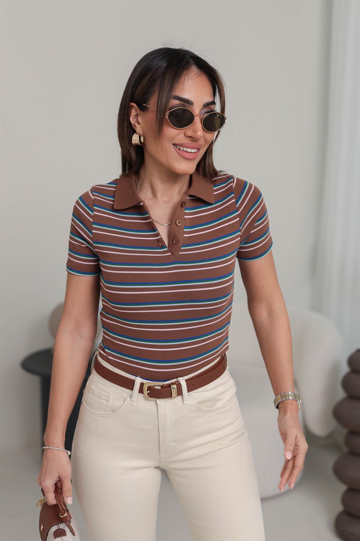 1465 Polo Yaka Renkli Çizgili Kısa Kol Triko KAHVE