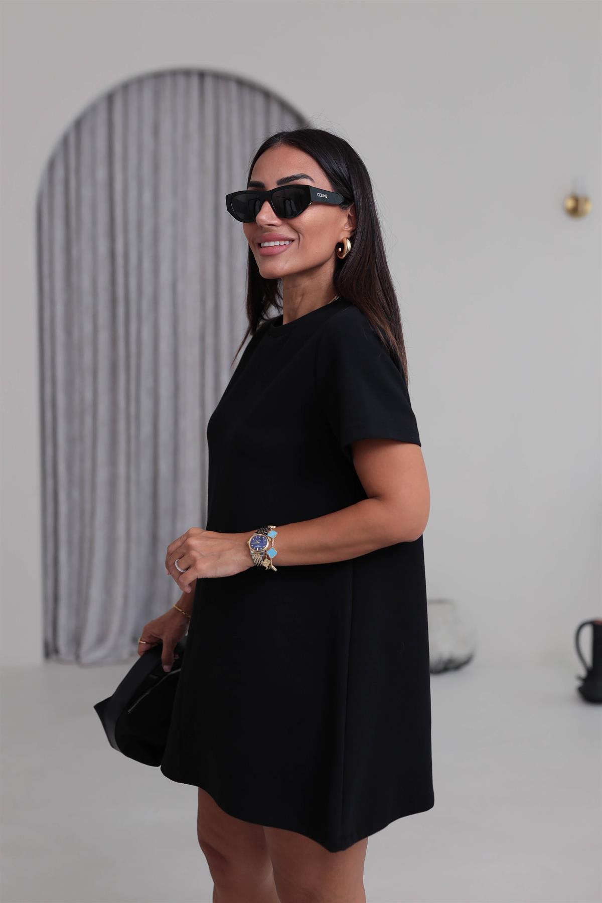 1523 Ön Dikiş Detaylı Penye Elbise SİYAH