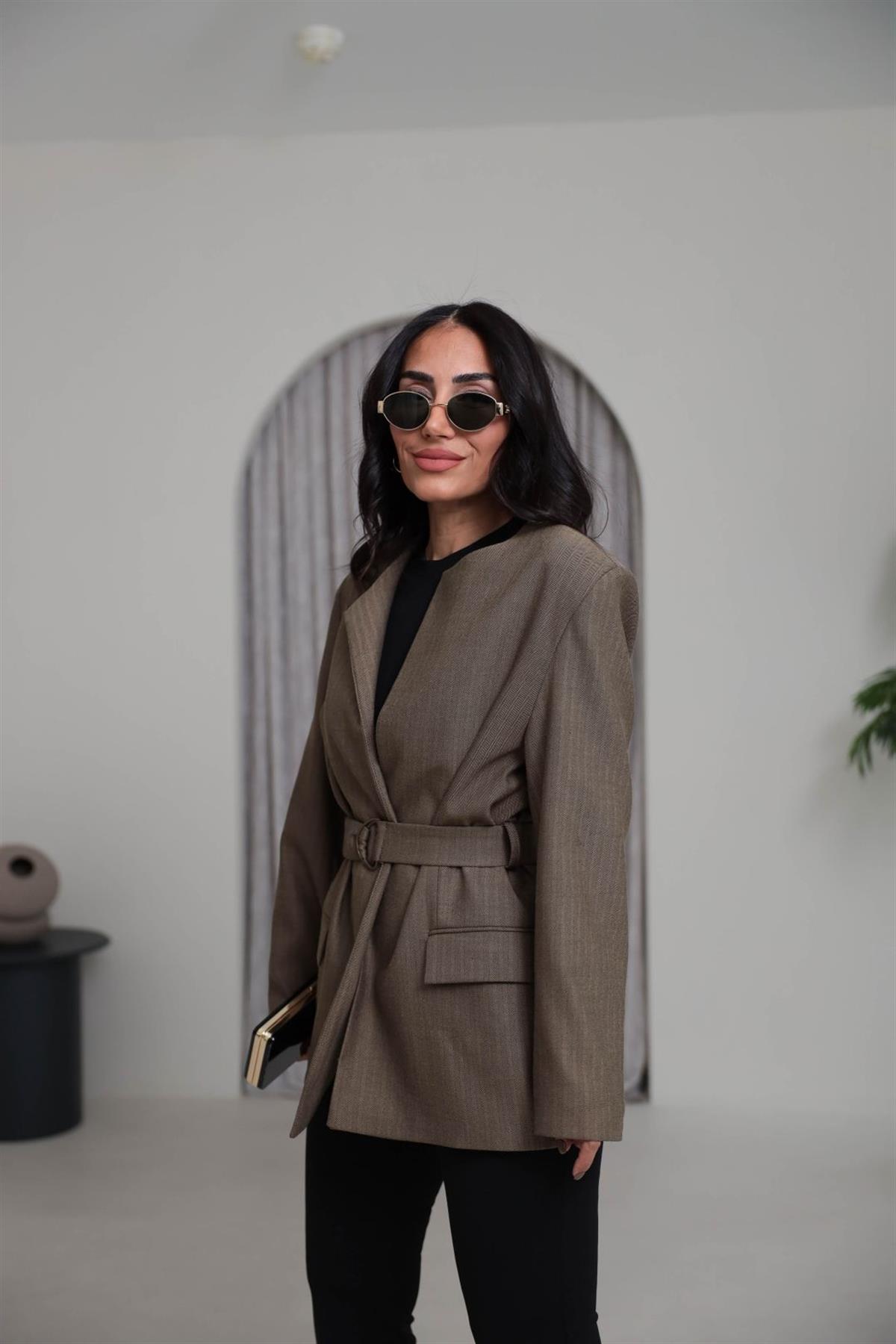 1284 Vatkalı Kemerli Balıksırtı Blazer Ceket CAMEL