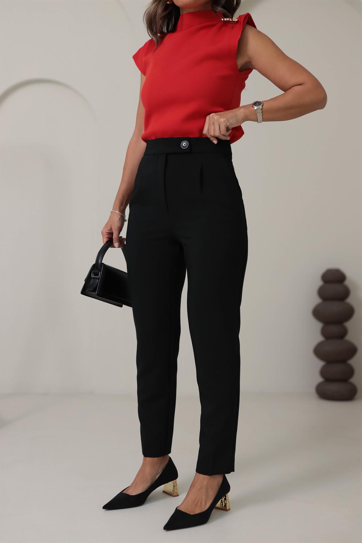 1549 Bel Düğme Detaylı Yüksek Bel Havuç Pantolon SİYAH
