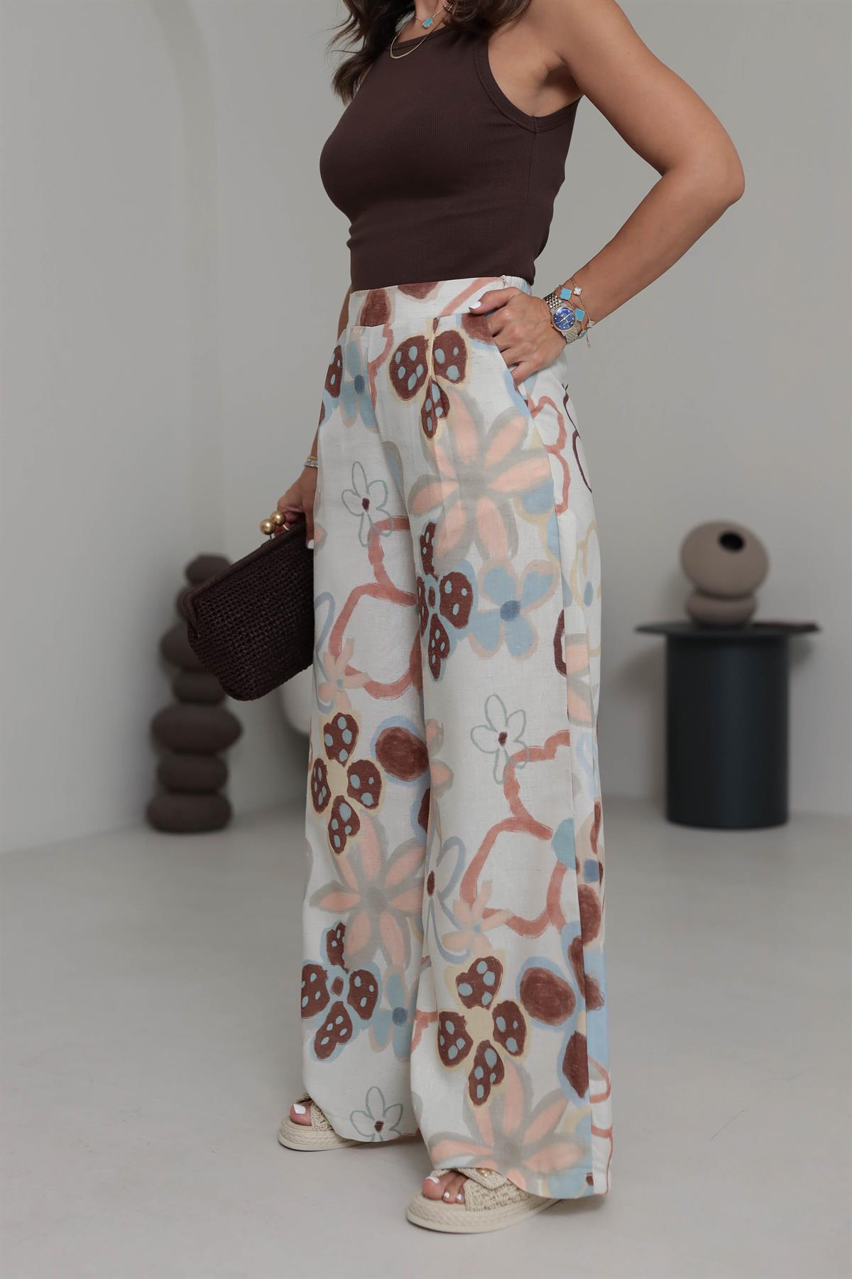 0436 Floral Desen Arka Bel Lastikli Keten Pantolon BEJ