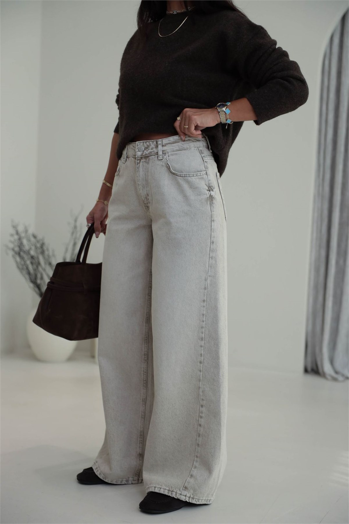 1020 Renk Yıkama Detaylı Wide Leg Denim Pantolon BEJ