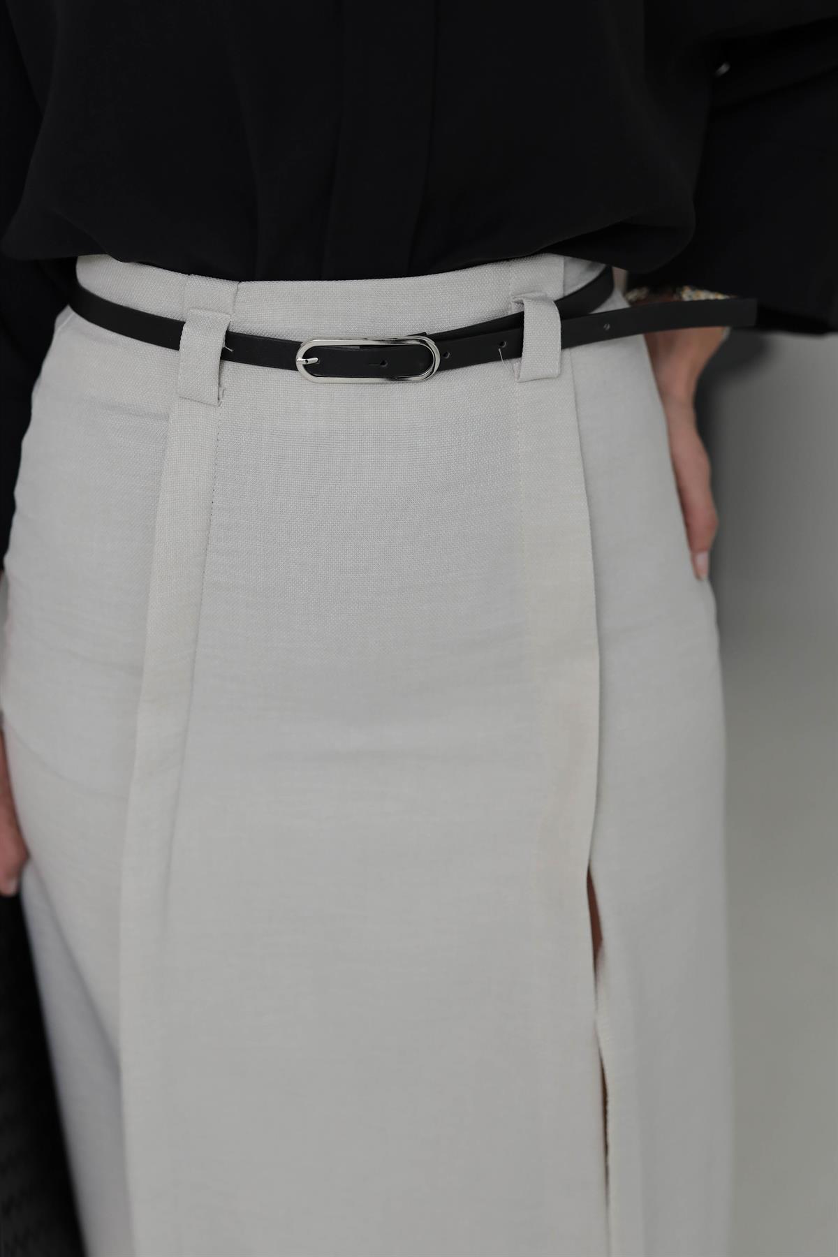 0268 Yırtmaç Detaylı Kemerli Midi Boy Etek TAŞ