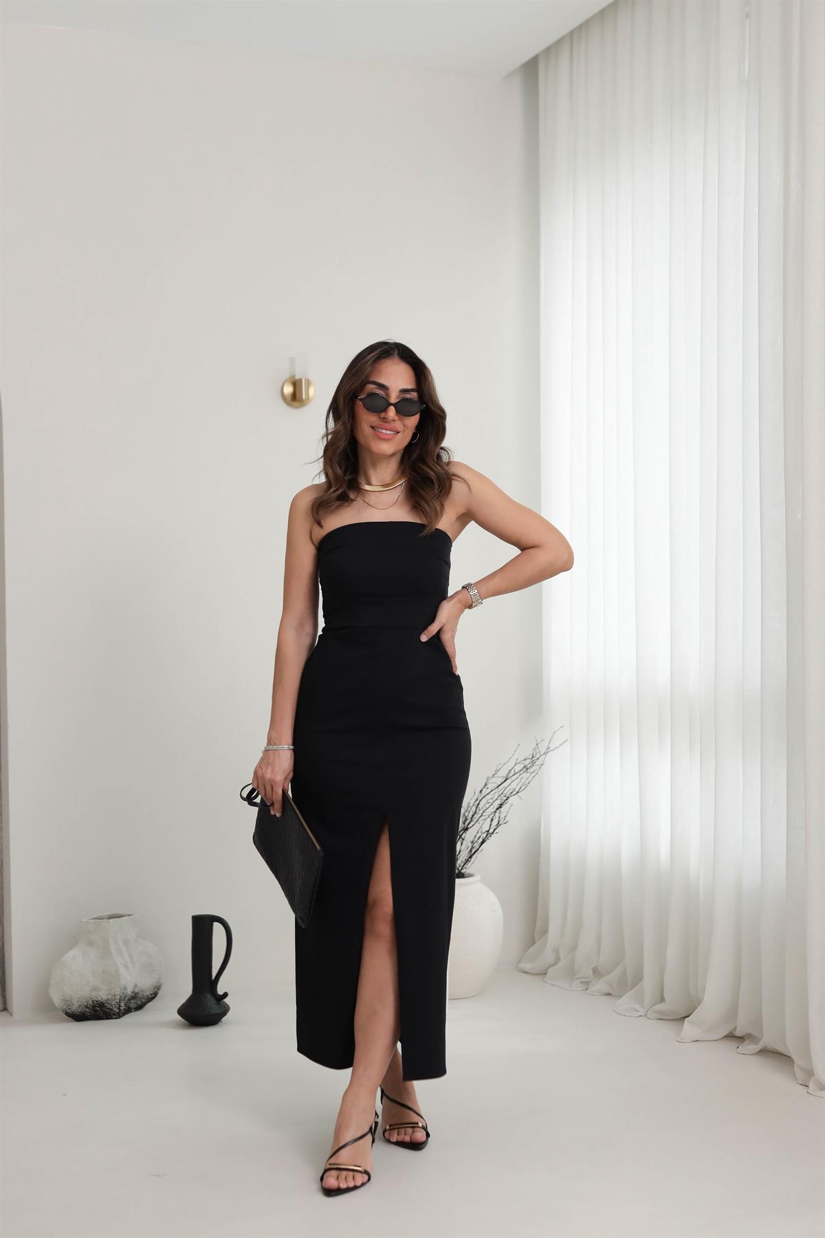 0758 Likralı Yırtmaç Detaylı Straplez Elbise SİYAH