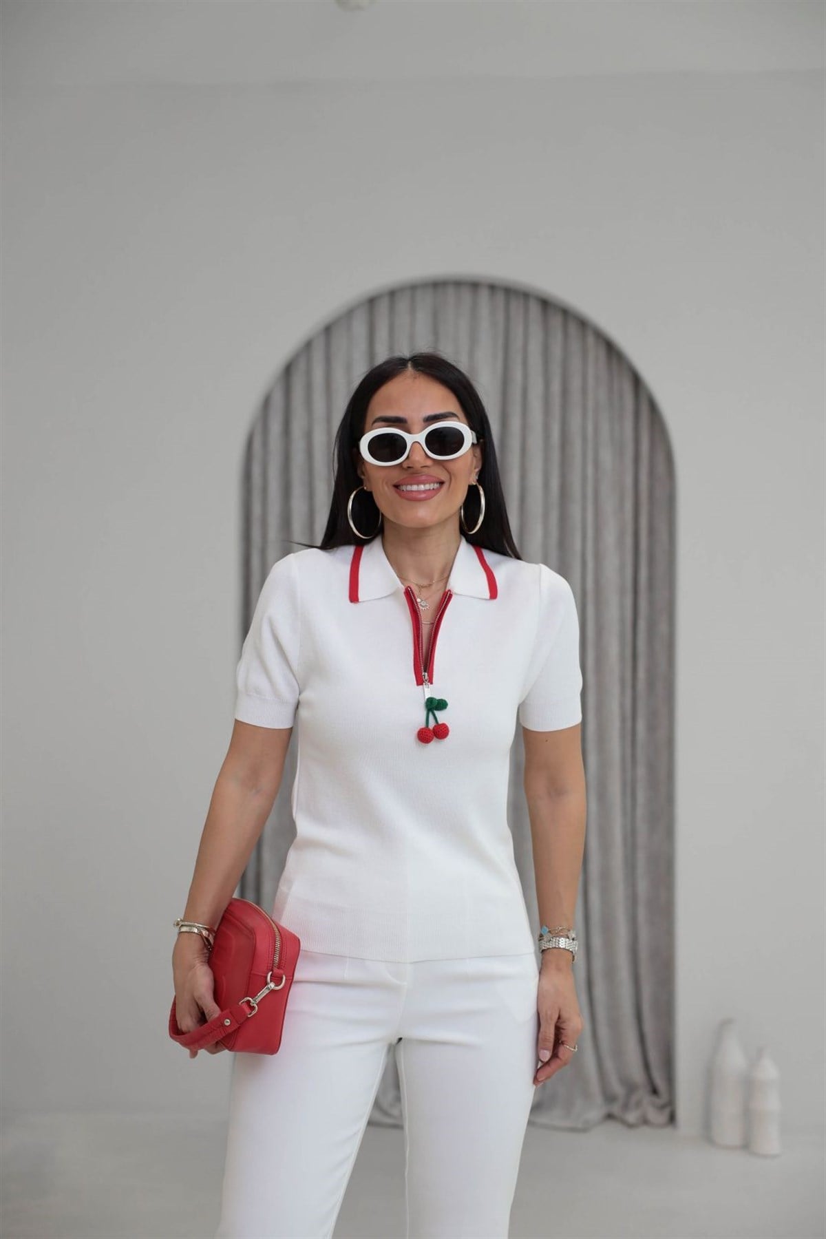 0620 Fermuarı Kiraz Aksesuarlı Rayon Triko Bluz EKRU