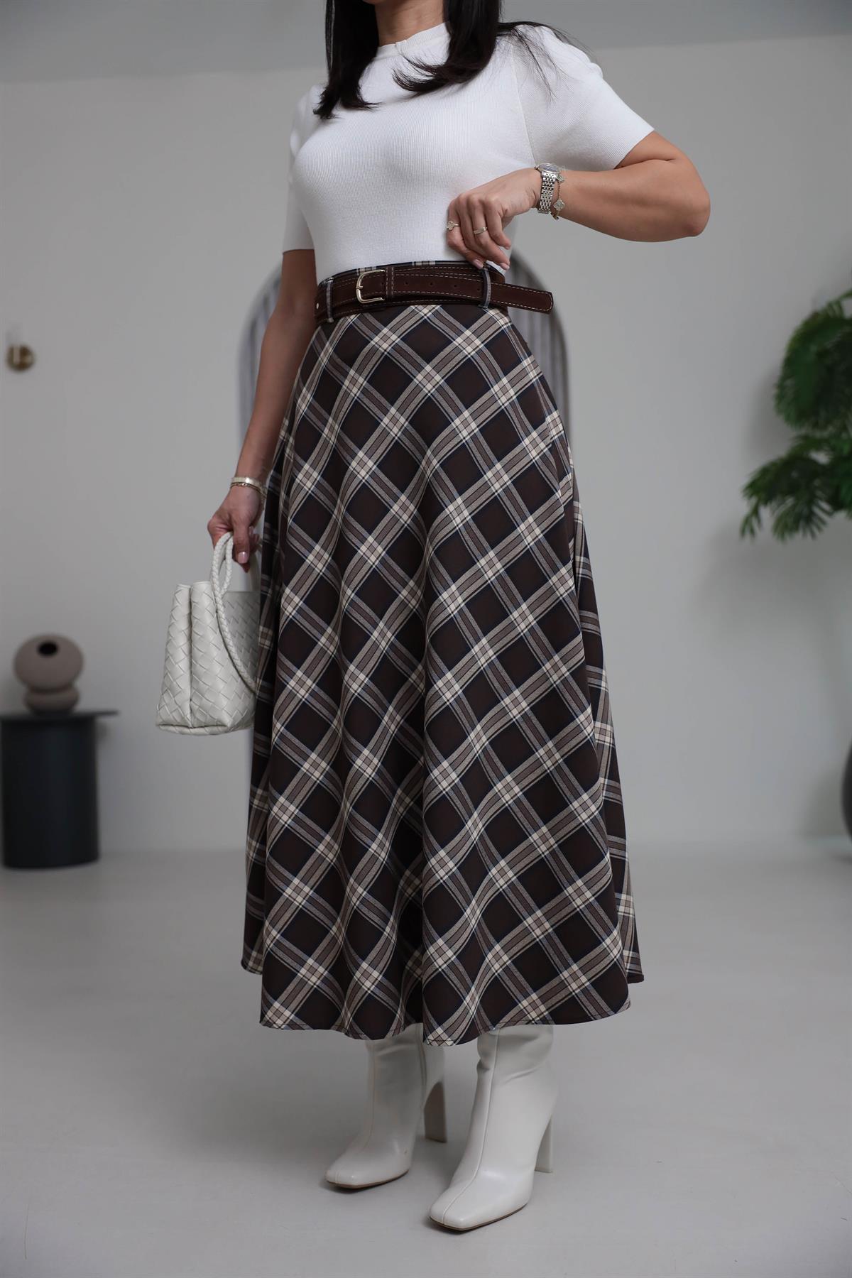 8461 Süet Kemerli Ekose Maxi Etek KAHVE