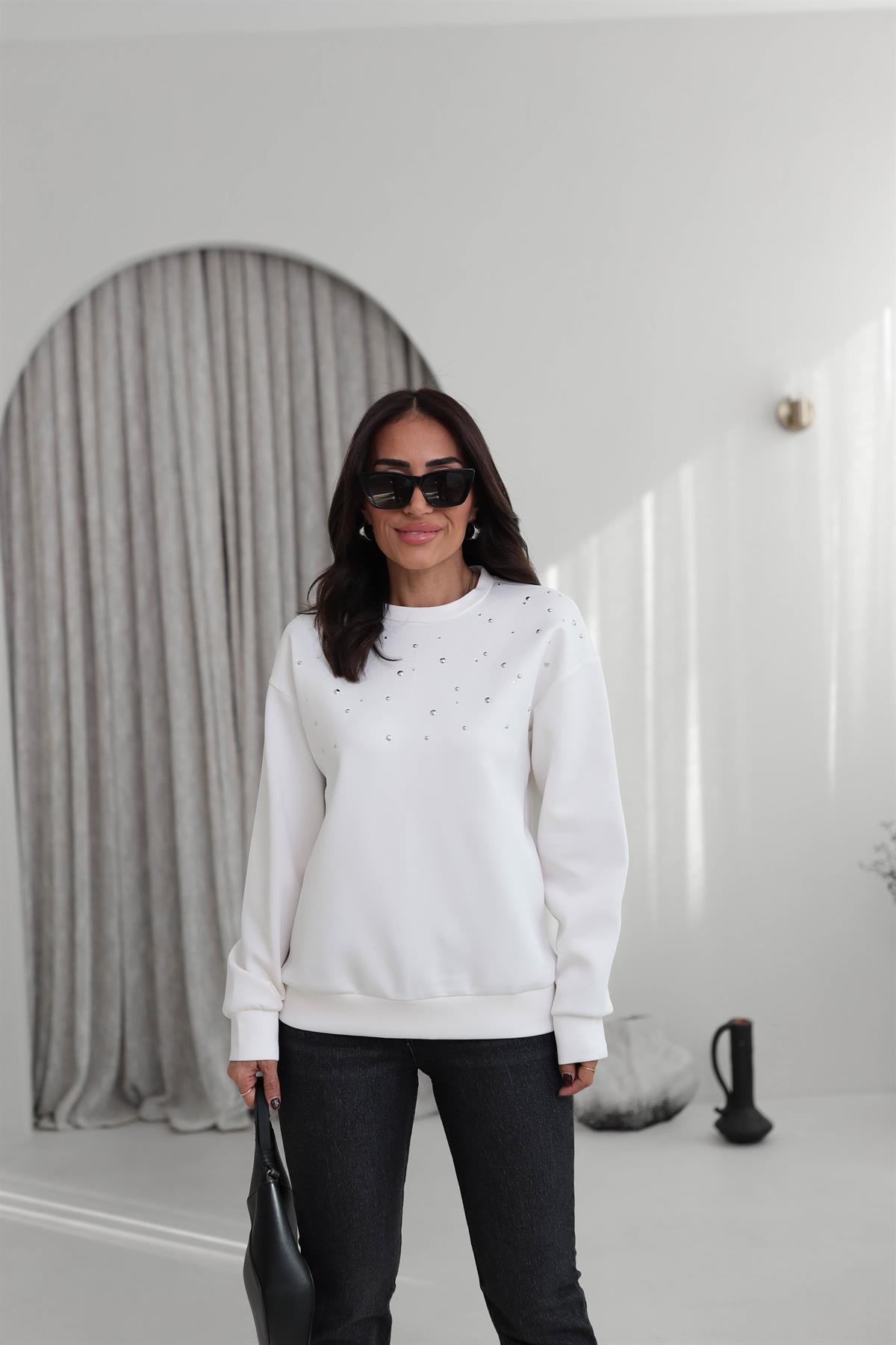 5902 Serpme Taşlı Scuba Sweatshirt BEYAZ
