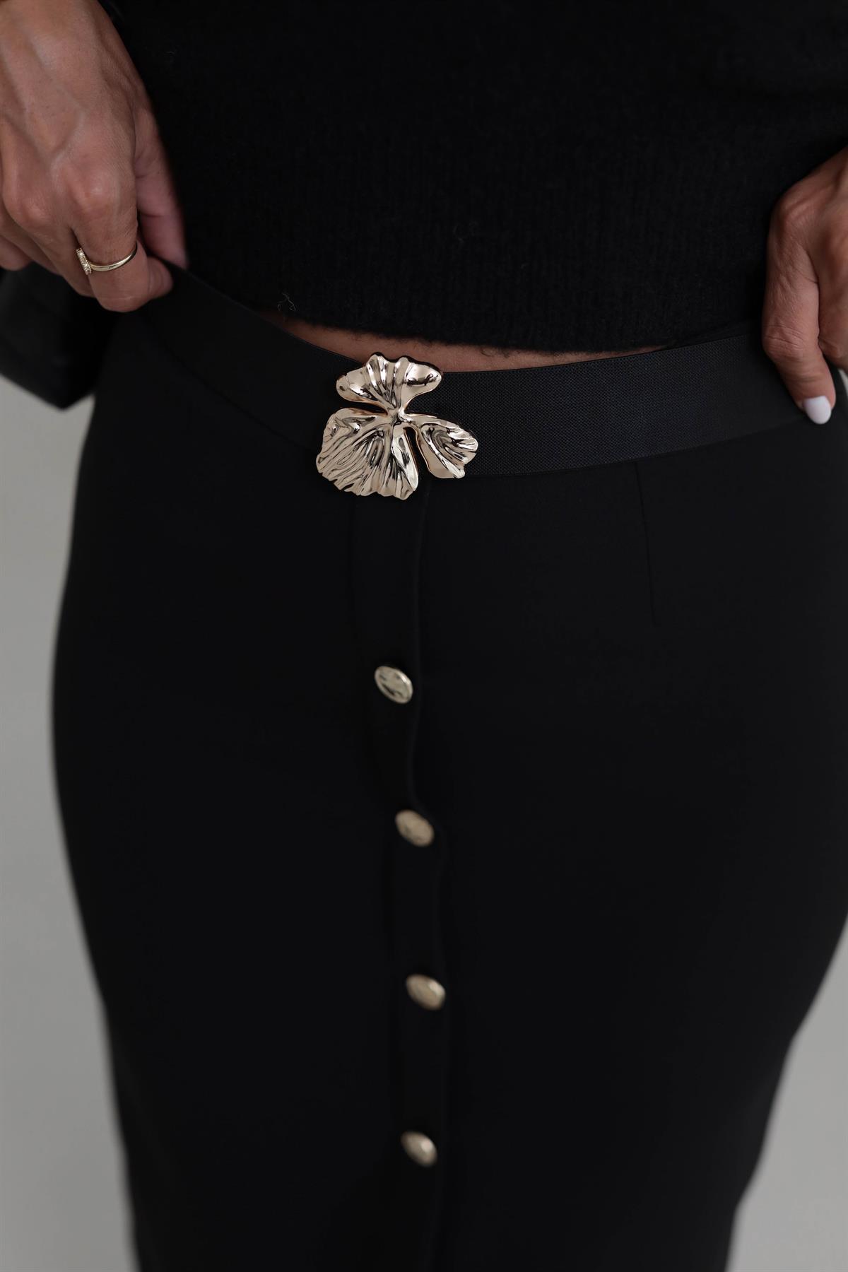 6726 Süs Düğmeli Kemerli Kalem Etek SİYAH