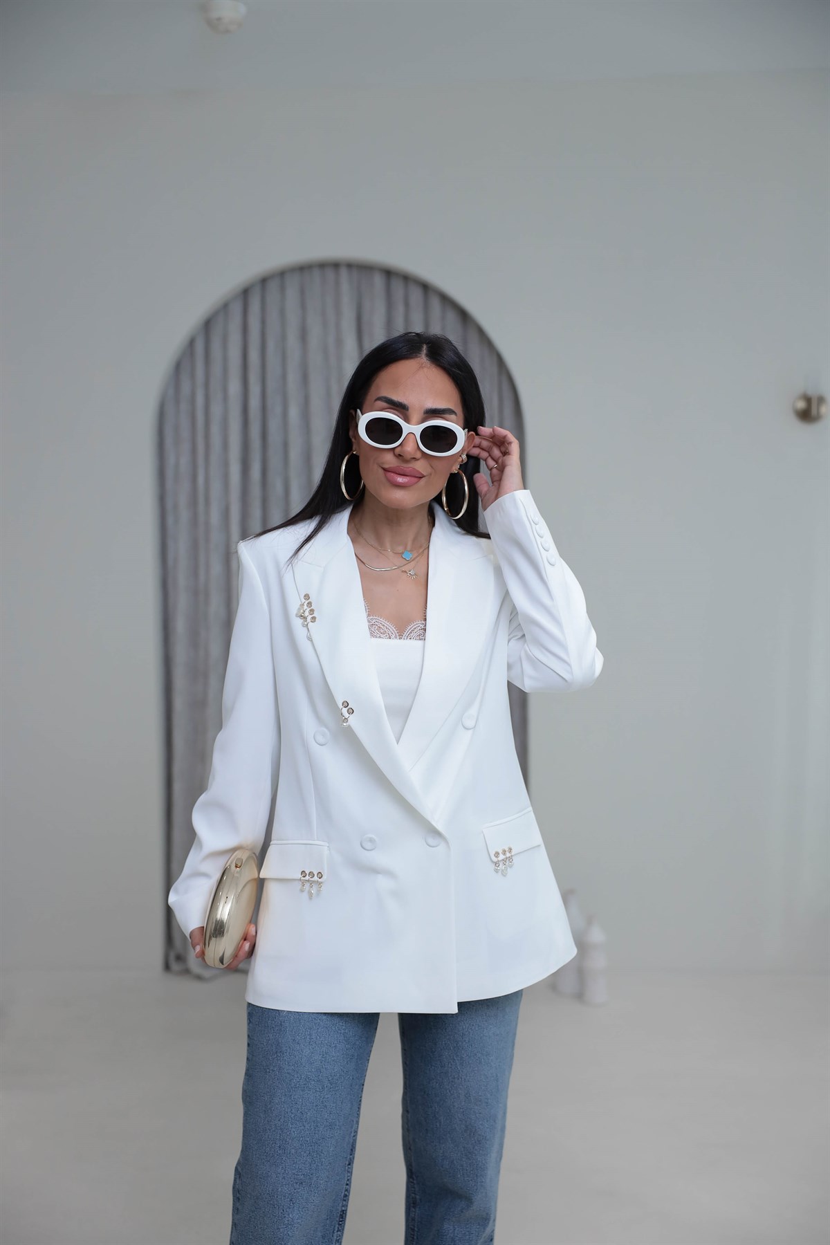 0756 Kuş Gözü Aksesuarlı Düğmeli Blazer Ceket EKRU