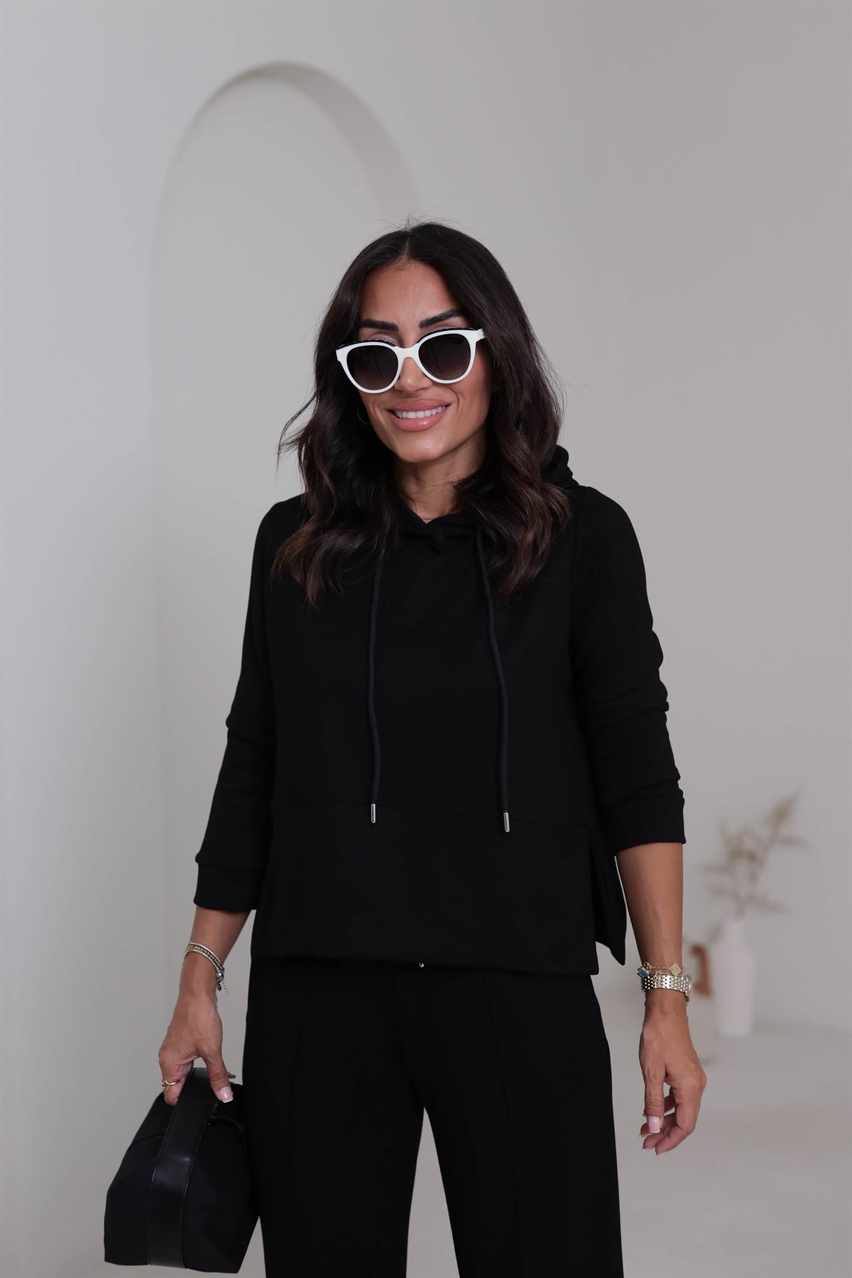 7327 Kapşonlu Yırtmaçlı Çimalı Modal Takım SİYAH