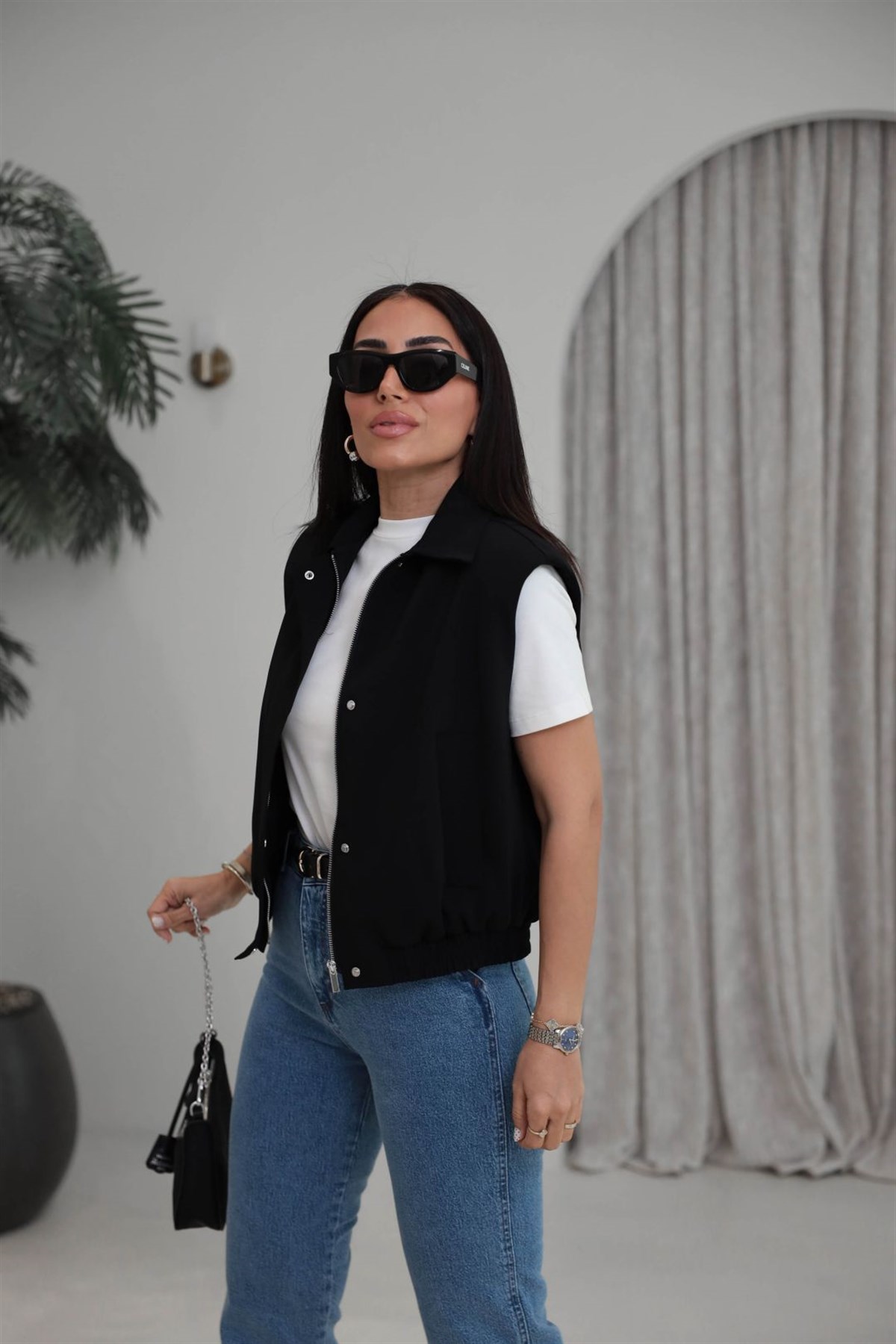 7560 Bel Lastikli Gizli Fermuarlı Modern Kesim Yelek SİYAH