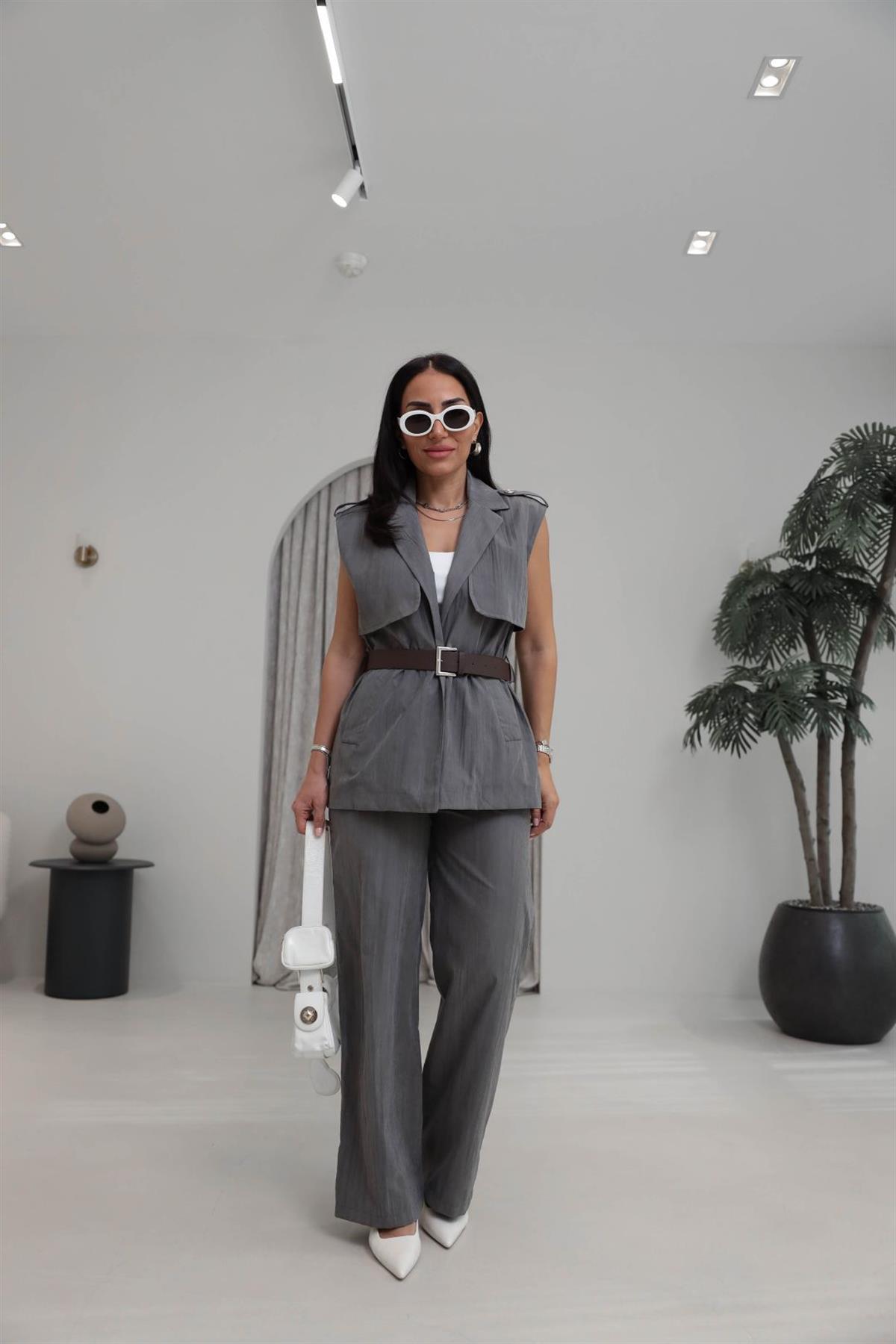 0719 Kemerli Tencel Kumaş Pantolon Yelek Takım GRİ