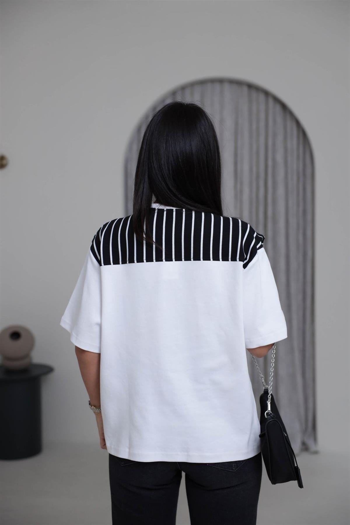0688 Atkı Detaylı Çizgili Tshirt BEYAZ