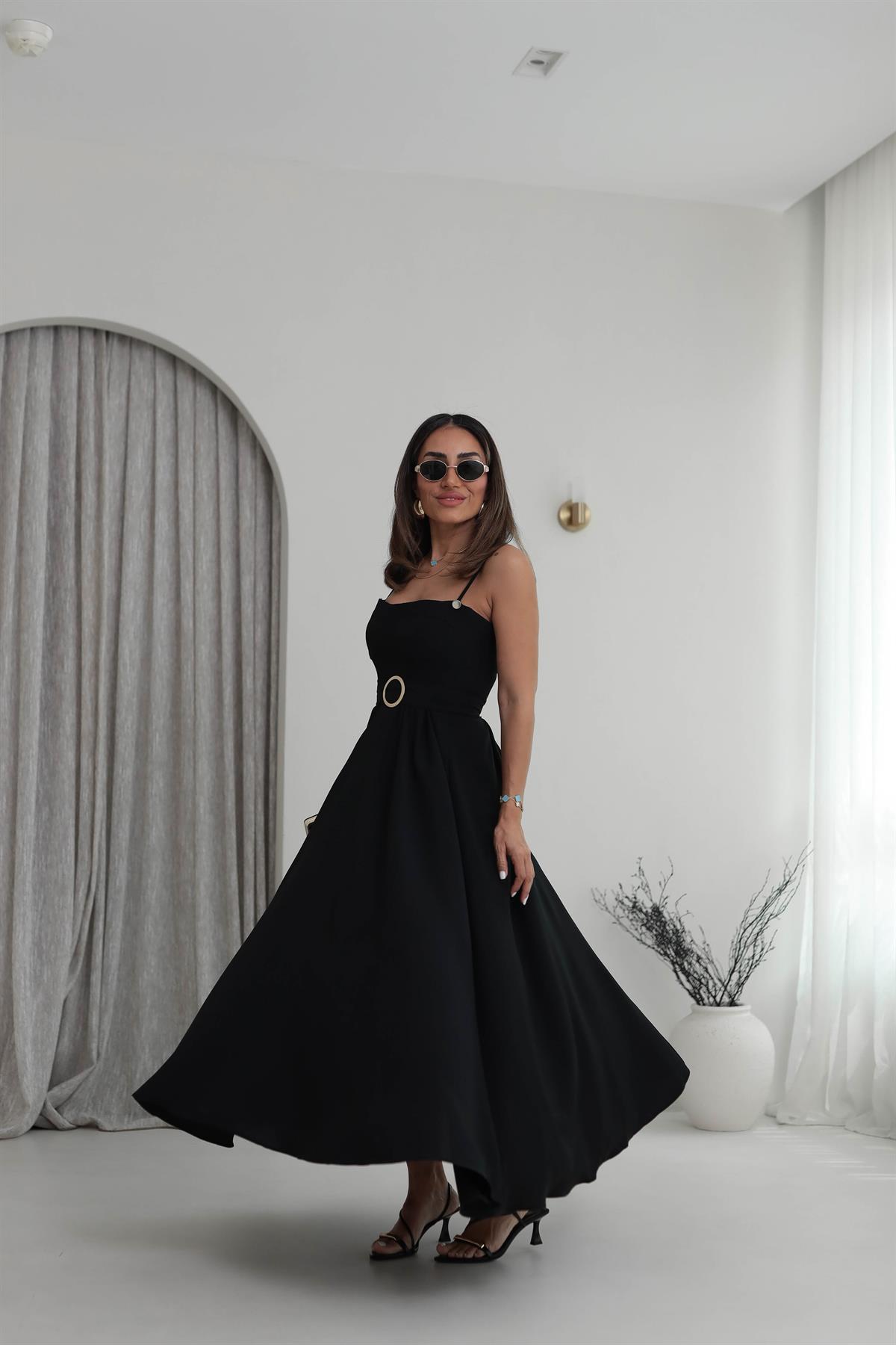 6097 Askılı Gold Detaylı Elbise SİYAH