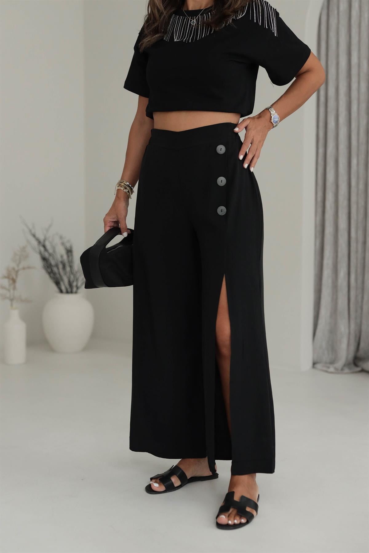 Yırtmaçlı Düğme Detaylı Tencel Pantolon