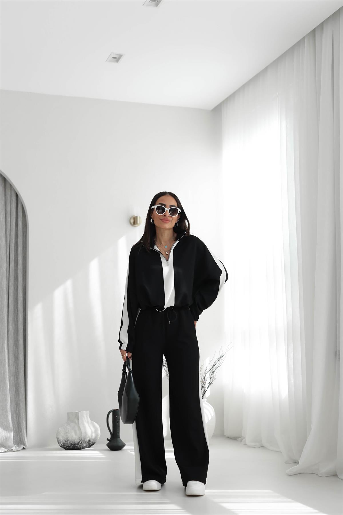 5704 Şerit Detaylı Modal Takım SİYAH