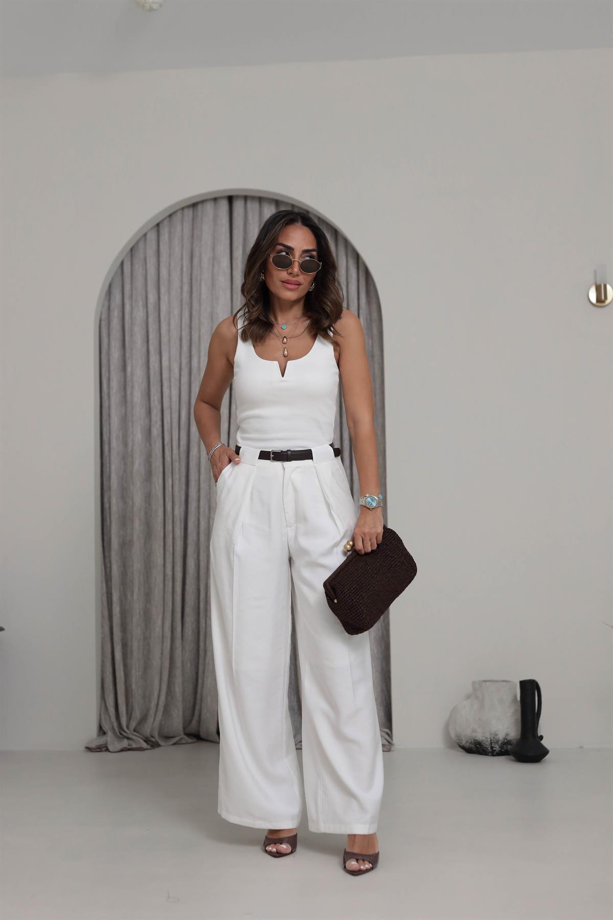 7255 Kemerli Astarlı Palazzo Pantolon EKRU
