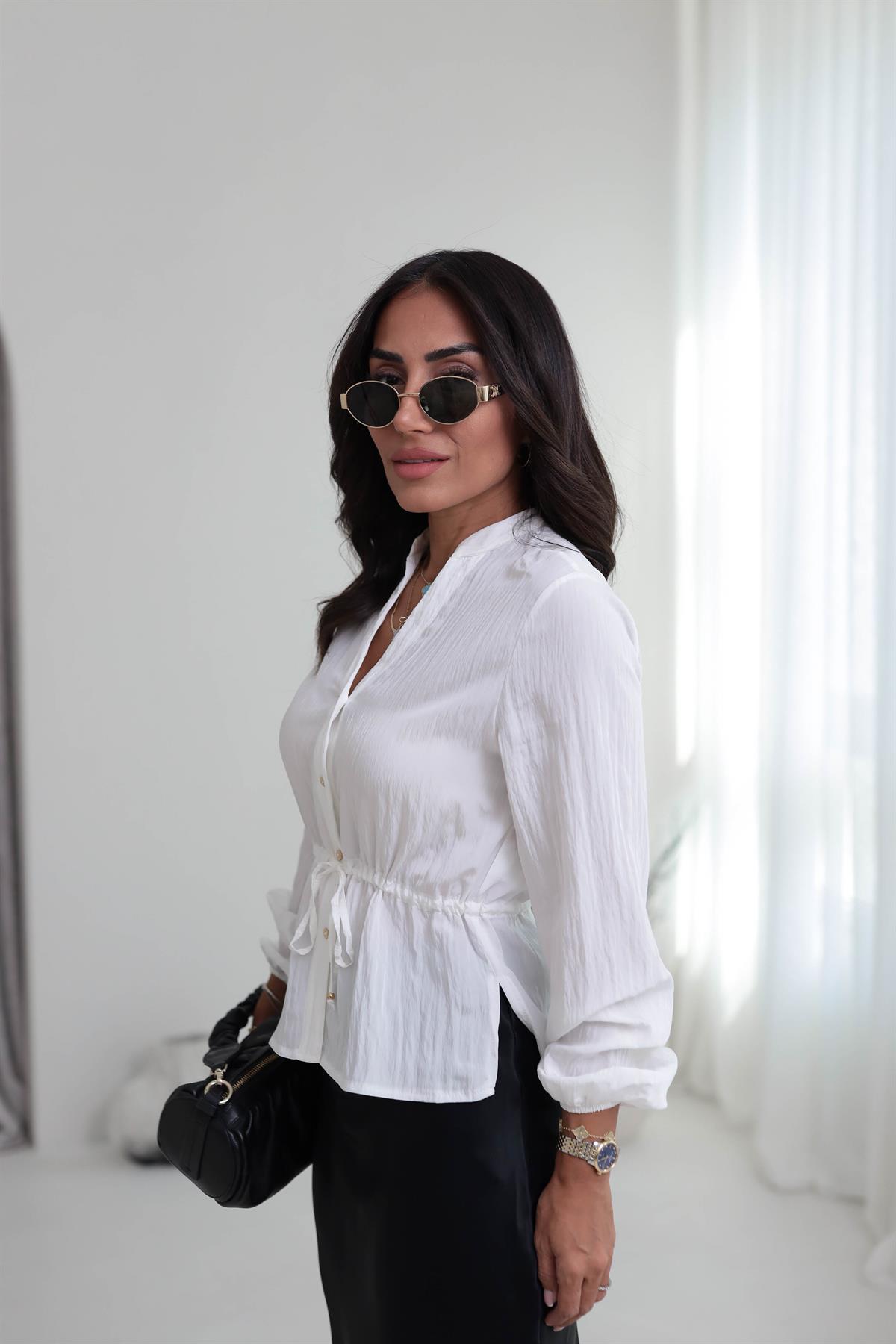 0979 Bel Büzgülü Kol Lastikli Gömlek BEYAZ