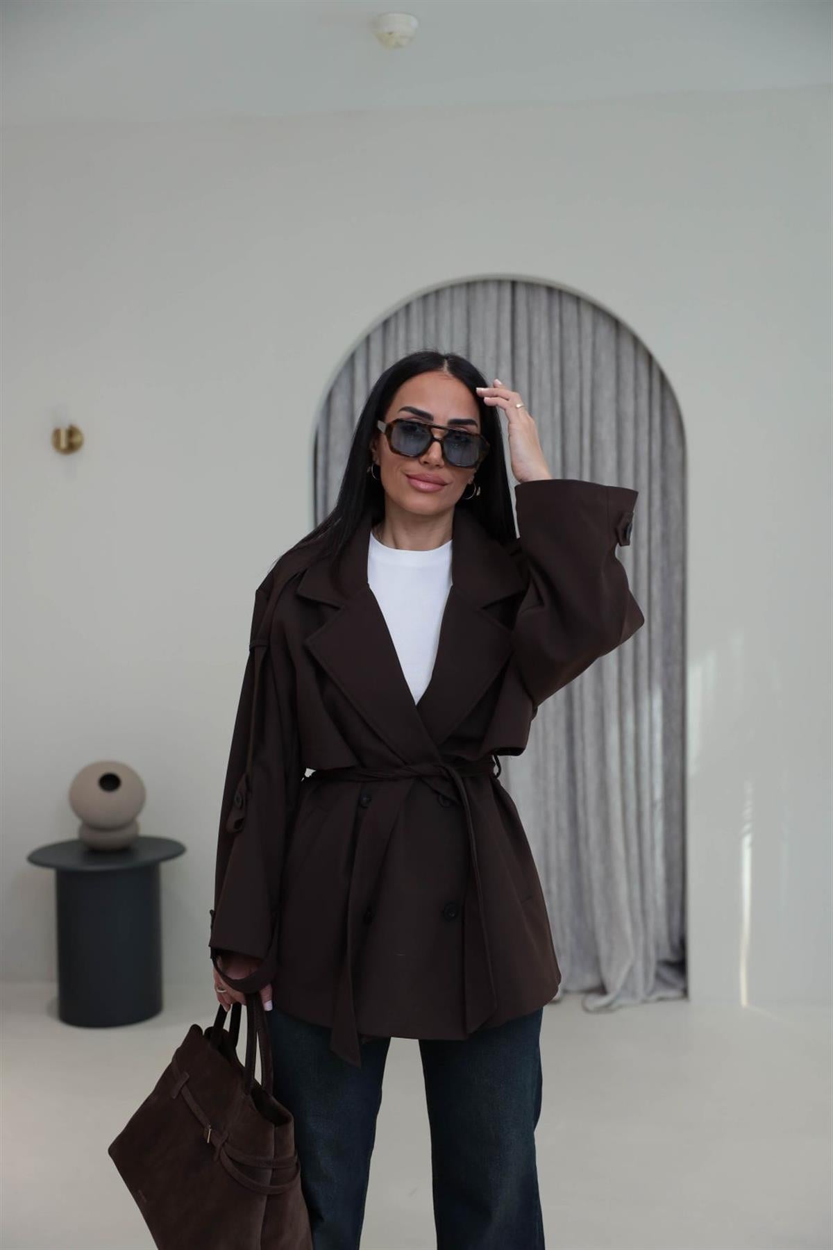 Apoletli Tasarım Astarlı Premium Kısa Trençkot KAHVE