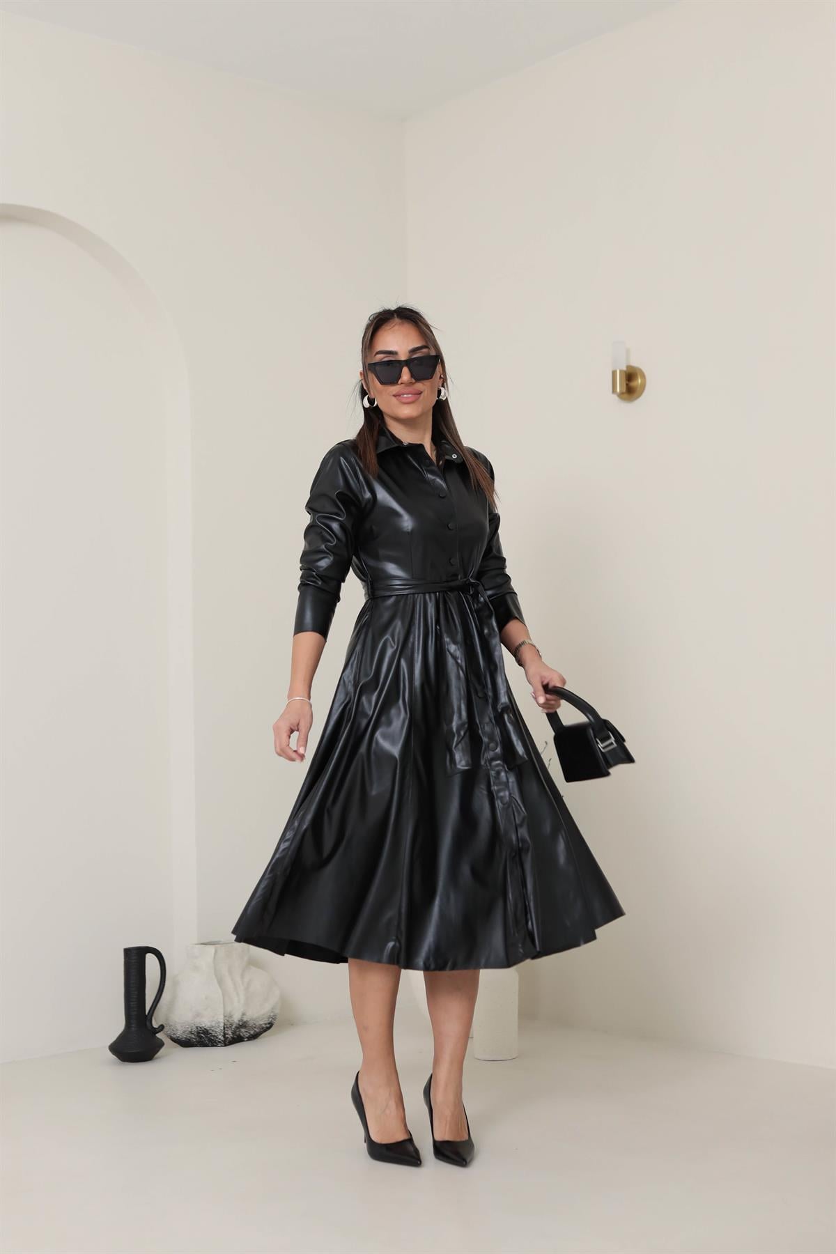 1276 Çıtçıt Düğmeli Deri Elbise SİYAH