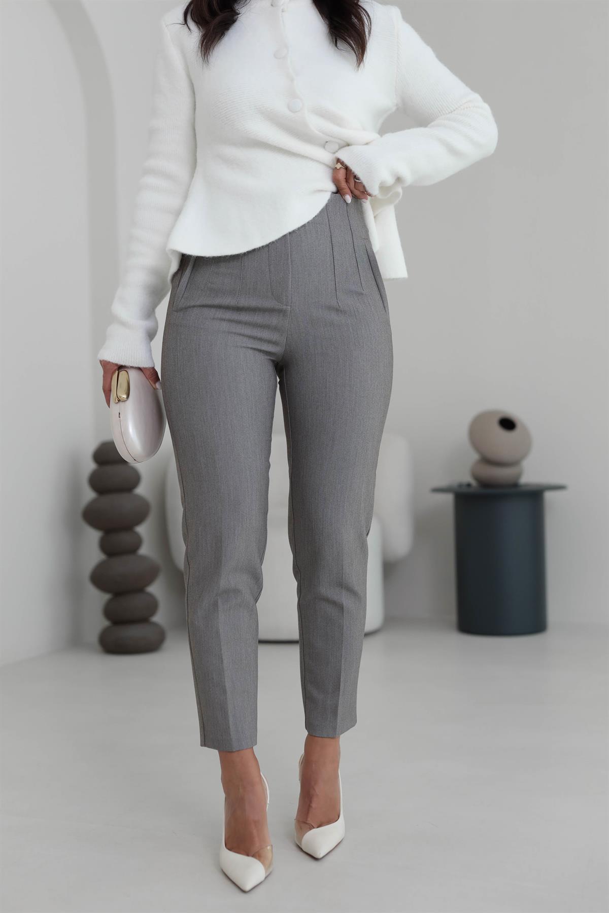 U5113-K Önü Flotalı Kumaş Pantolon GRİ MELANJ