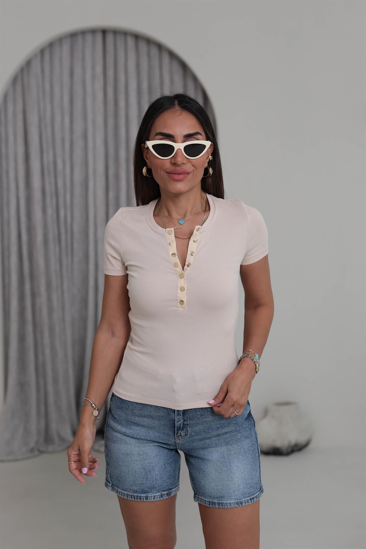 6651 Önü Gold Çıtçıtlı Pamuklu Tshirt BEJ