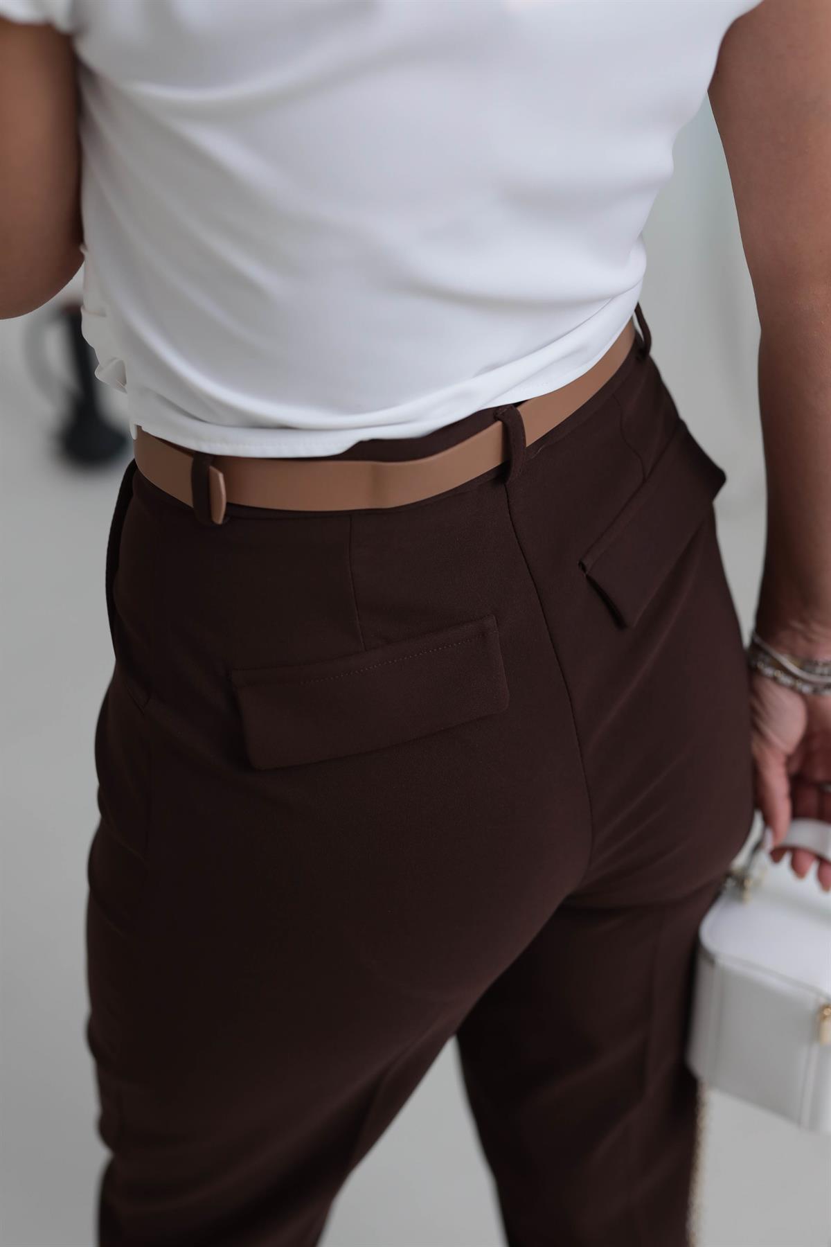 0430 Kemerli Double Havuç Pantolon KAHVE