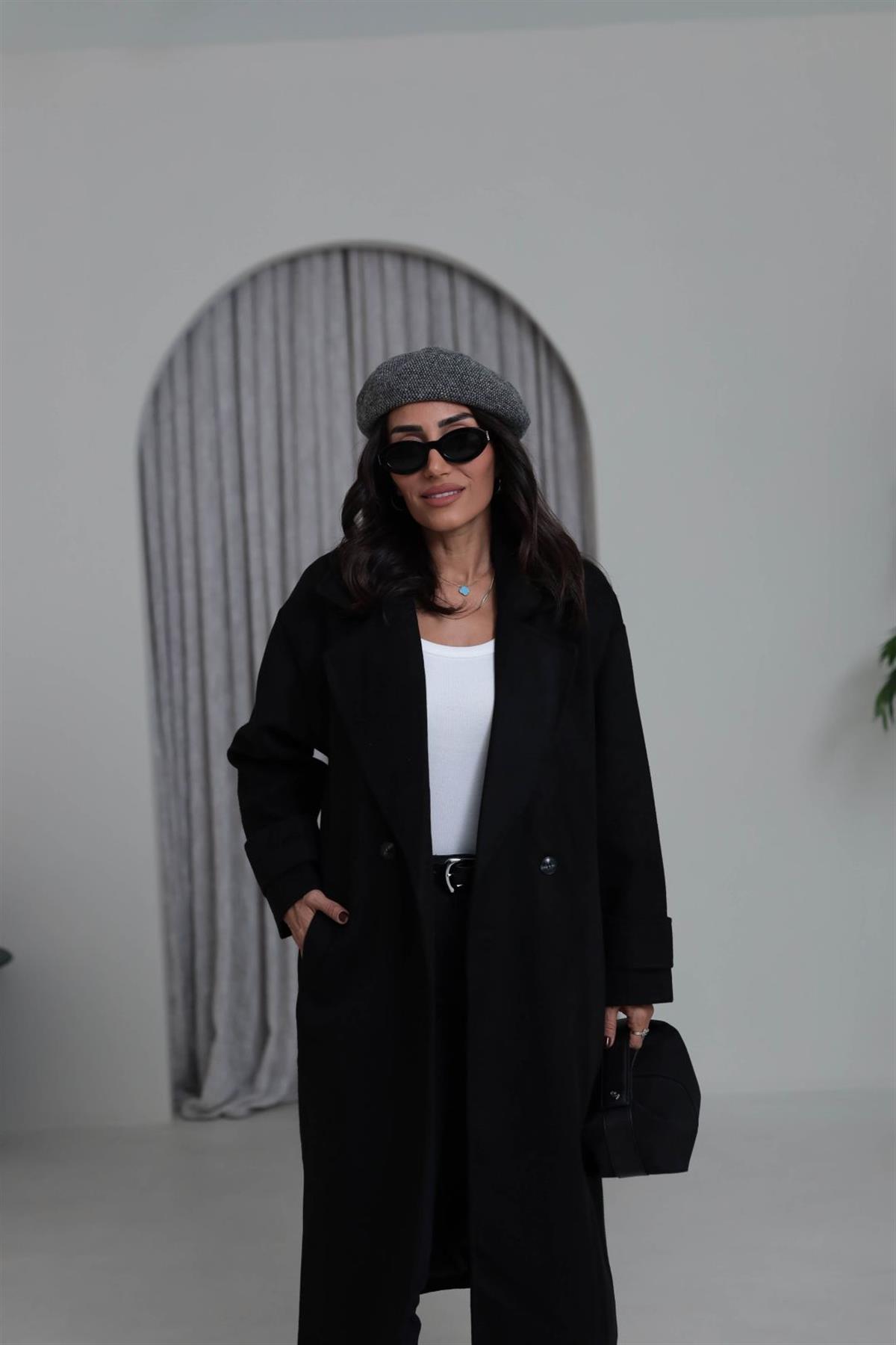 9516 Kruvaze Yaka Kaşe Kaban SİYAH