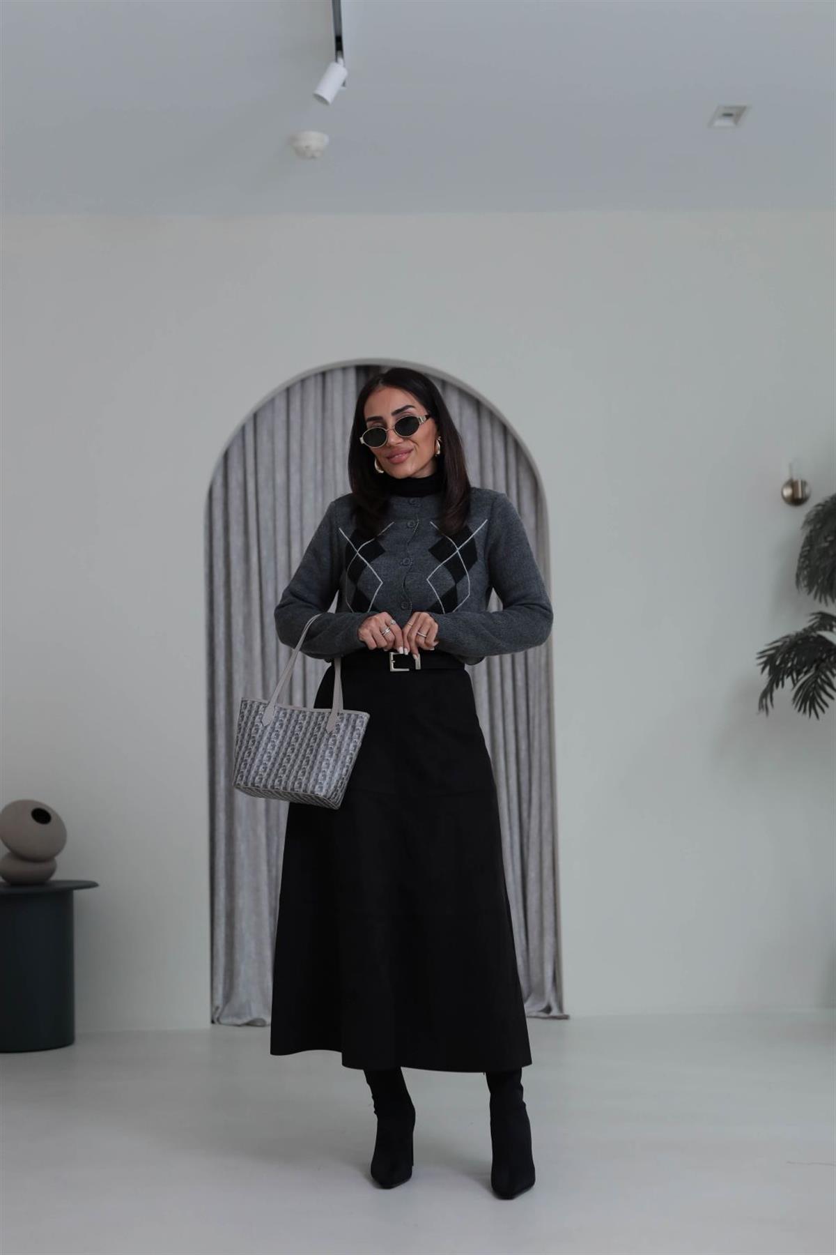 7547 Midi Boy Yüksek Bel Süet Etek SİYAH