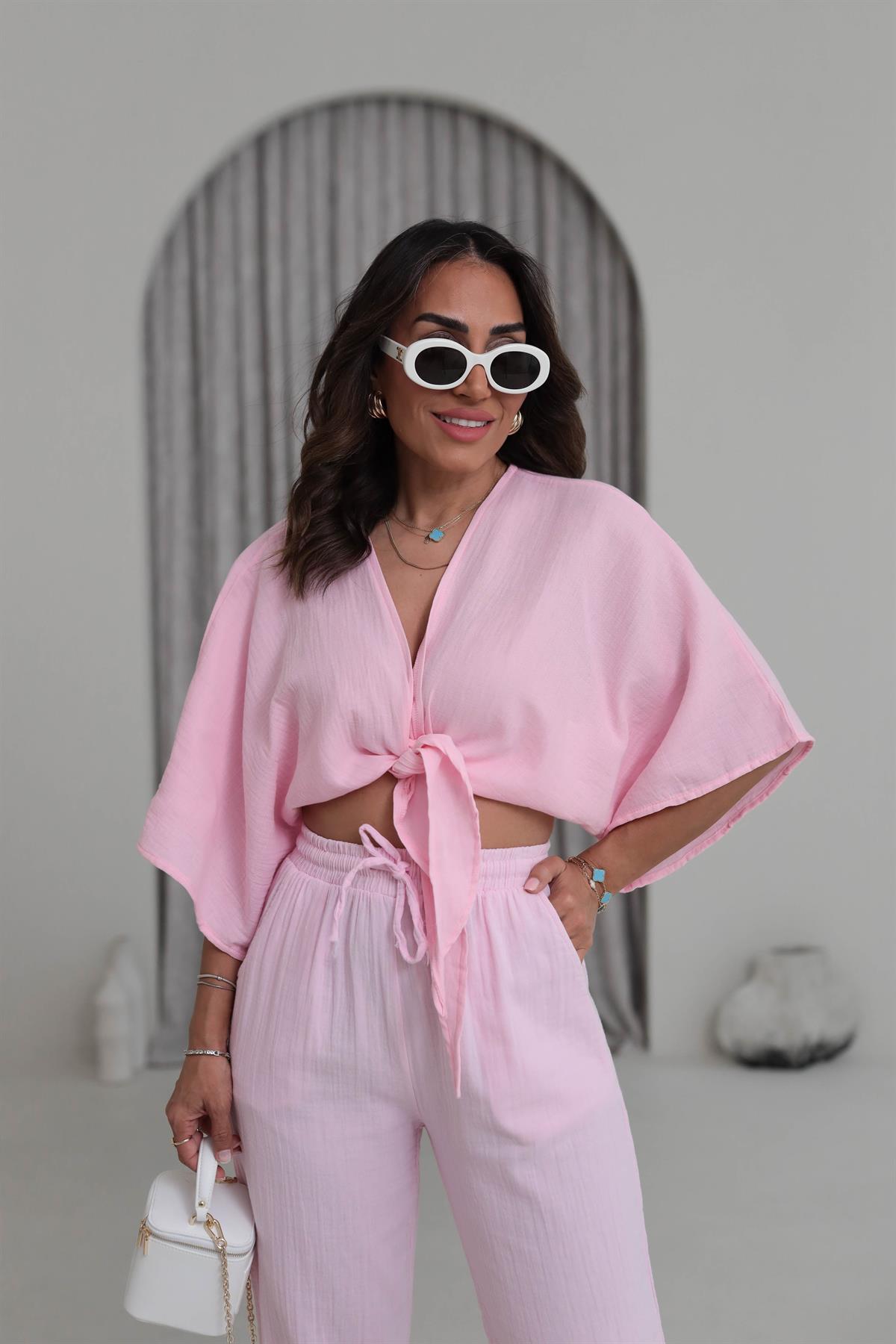 4729 Müslin Kumaş Bağlama Detay Bluz PEMBE